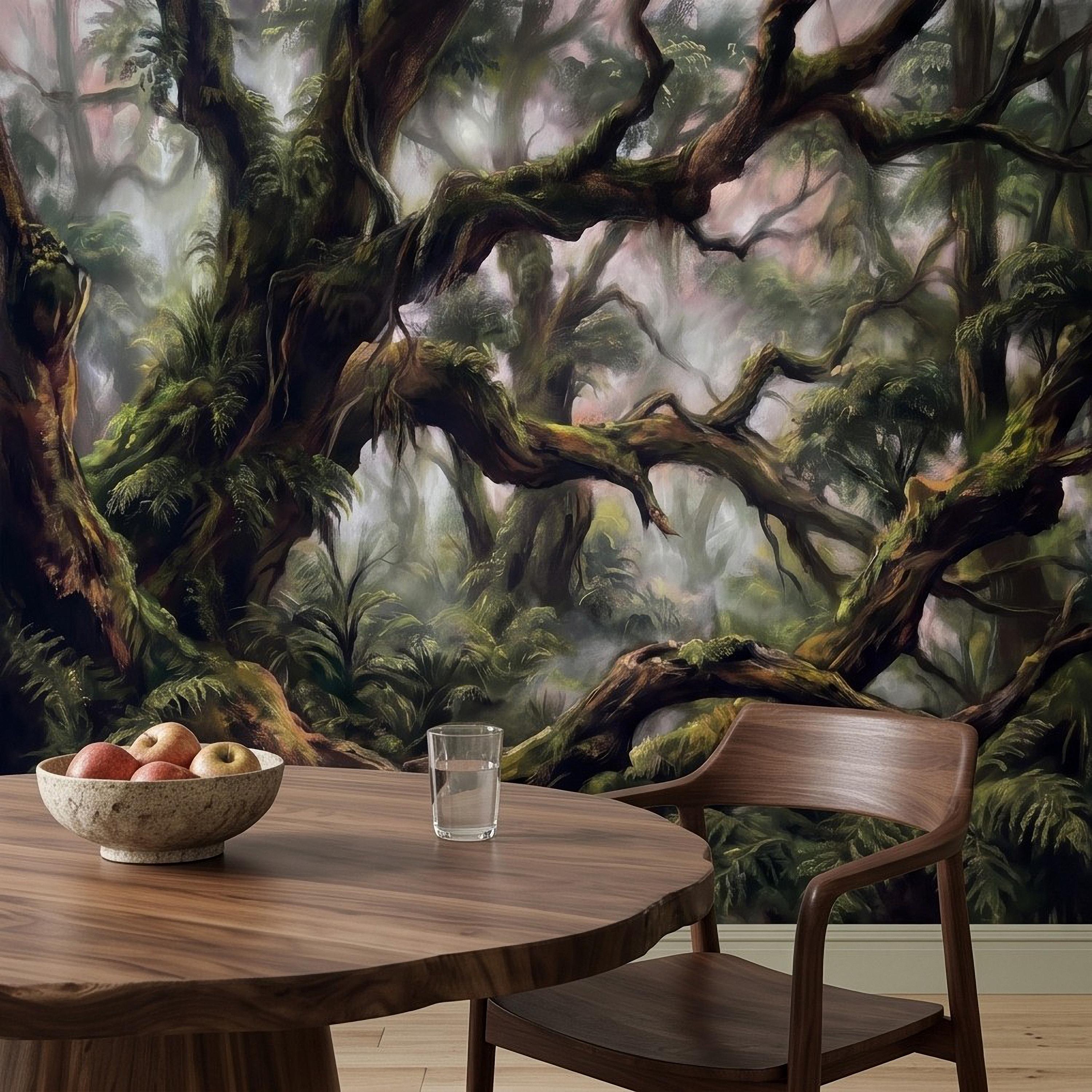 Misty Rainforest Peel and Stick Wall Mural, Ancient Mossy Trees Lush Tropical Forest Moody Nature Landscape Wallpaper