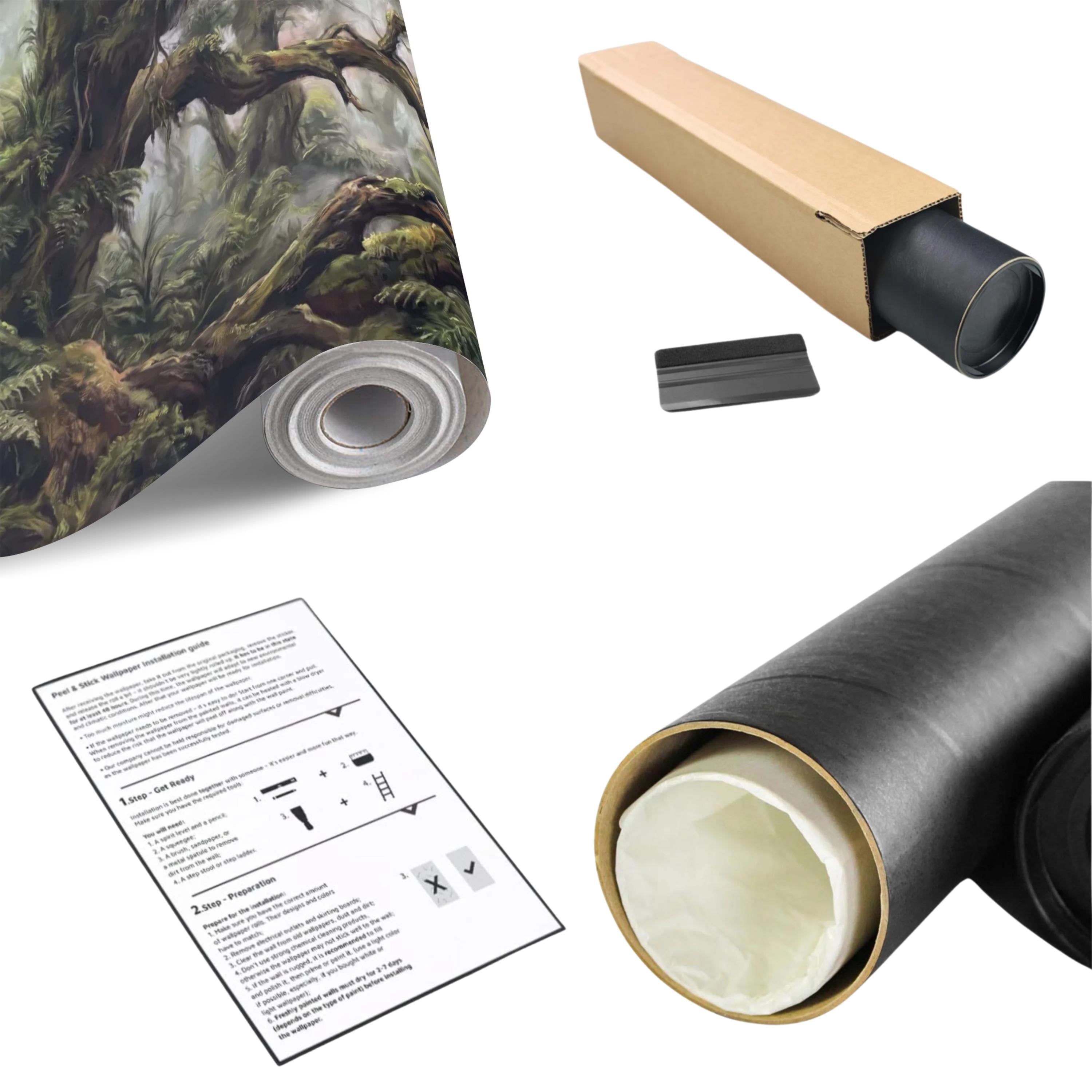 Misty Rainforest Peel and Stick Wall Mural, Ancient Mossy Trees Lush Tropical Forest Moody Nature Landscape Wallpaper