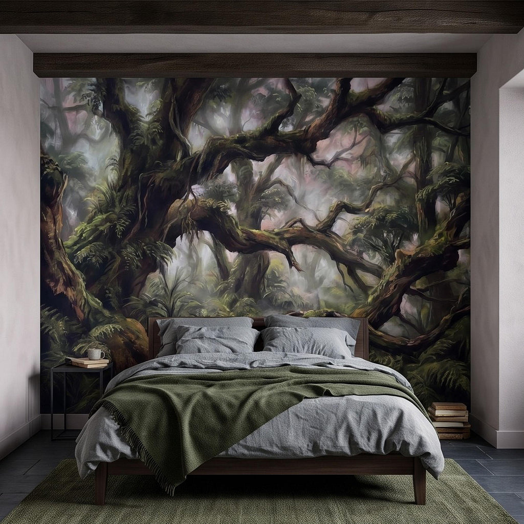 Misty Rainforest Peel and Stick Wall Mural, Ancient Mossy Trees Lush Tropical Forest Moody Nature Landscape Wallpaper
