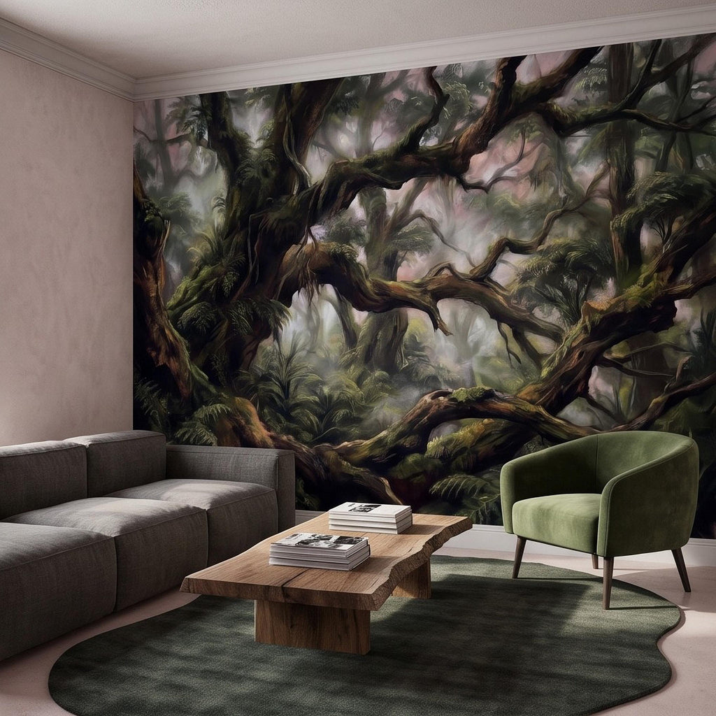 Misty Rainforest Peel and Stick Wall Mural, Ancient Mossy Trees Lush Tropical Forest Moody Nature Landscape Wallpaper