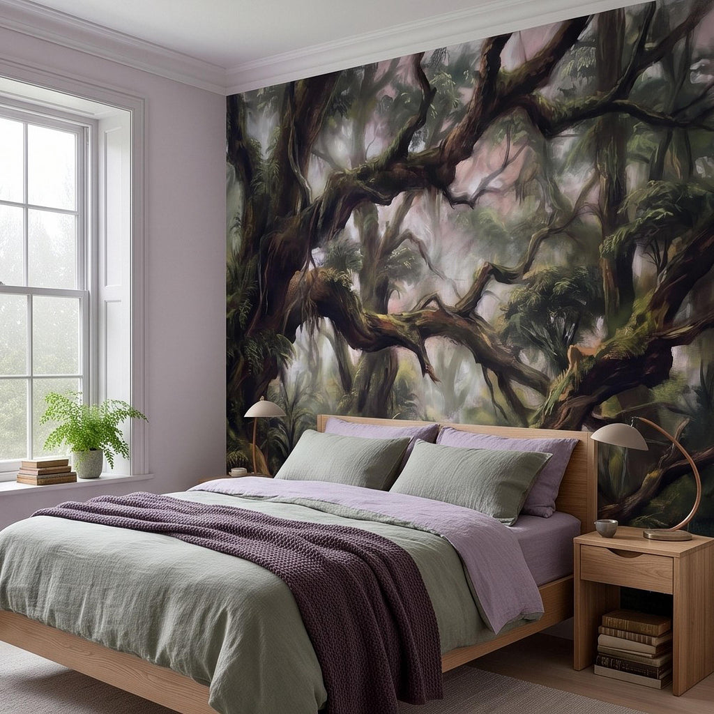 Misty Rainforest Peel and Stick Wall Mural, Ancient Mossy Trees Lush Tropical Forest Moody Nature Landscape Wallpaper