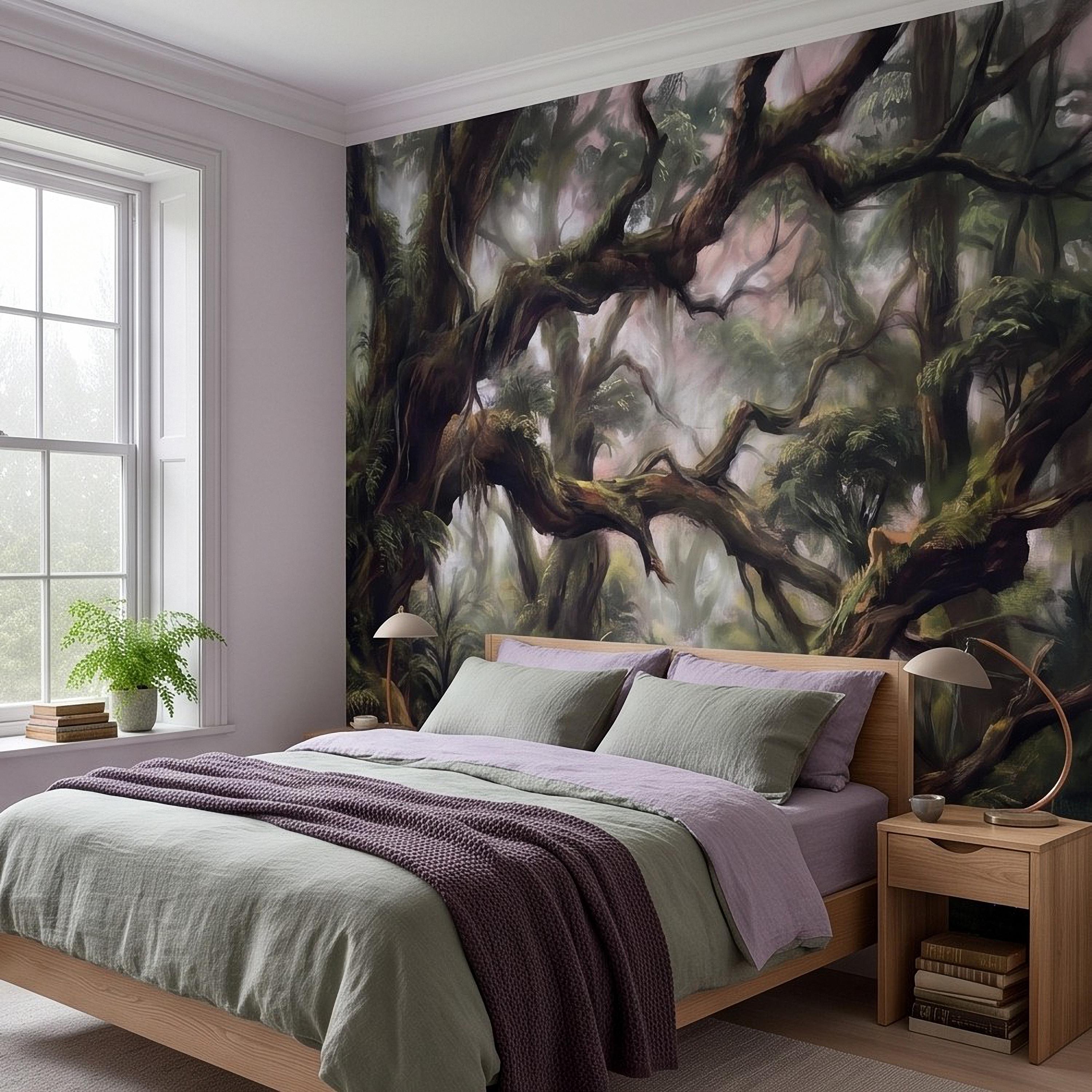 Misty Rainforest Peel and Stick Wall Mural, Ancient Mossy Trees Lush Tropical Forest Moody Nature Landscape Wallpaper