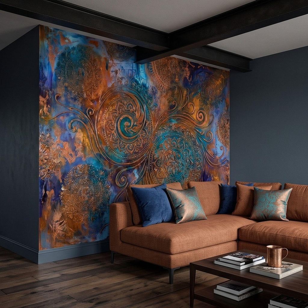 Copper Patina Peel and Stick Wall Mural, Turquoise Blue Ornamental Mandala Antique Bronze Scrollwork Bohemian Abstract Wallpaper