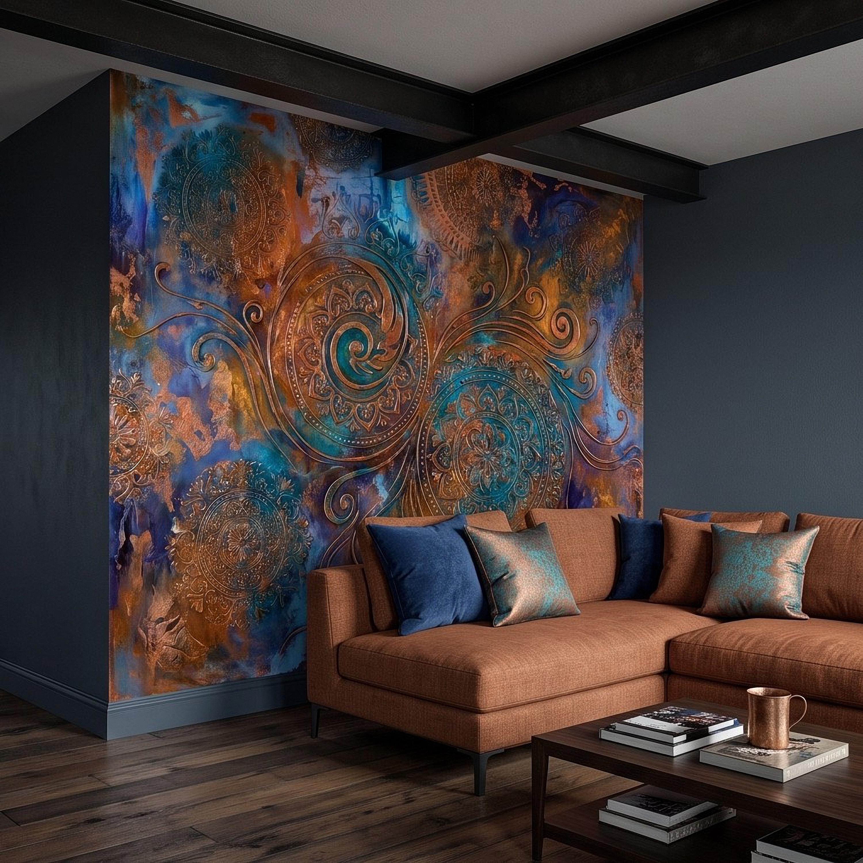Copper Patina Peel and Stick Wall Mural, Turquoise Blue Ornamental Mandala Antique Bronze Scrollwork Bohemian Abstract Wallpaper