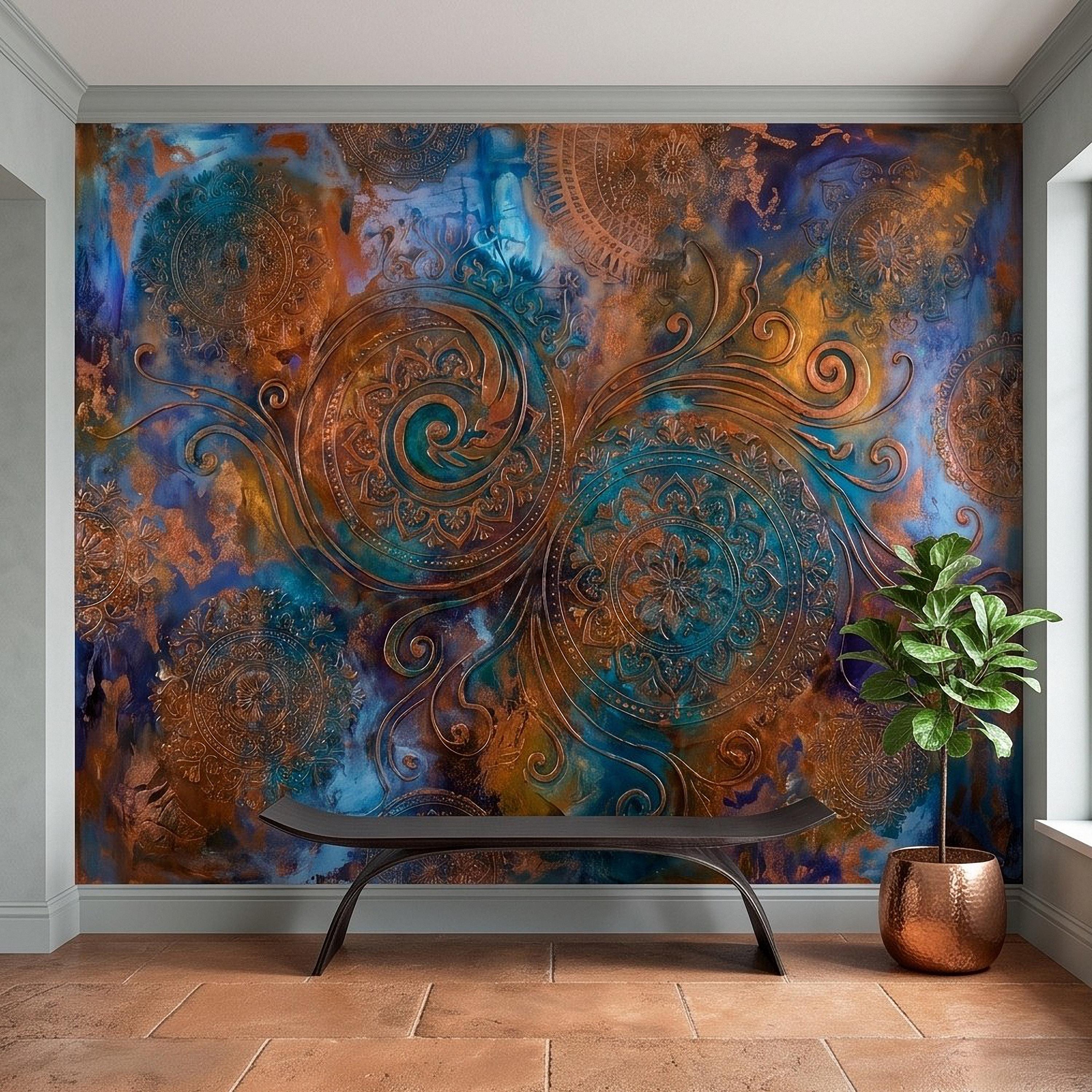 Copper Patina Peel and Stick Wall Mural, Turquoise Blue Ornamental Mandala Antique Bronze Scrollwork Bohemian Abstract Wallpaper