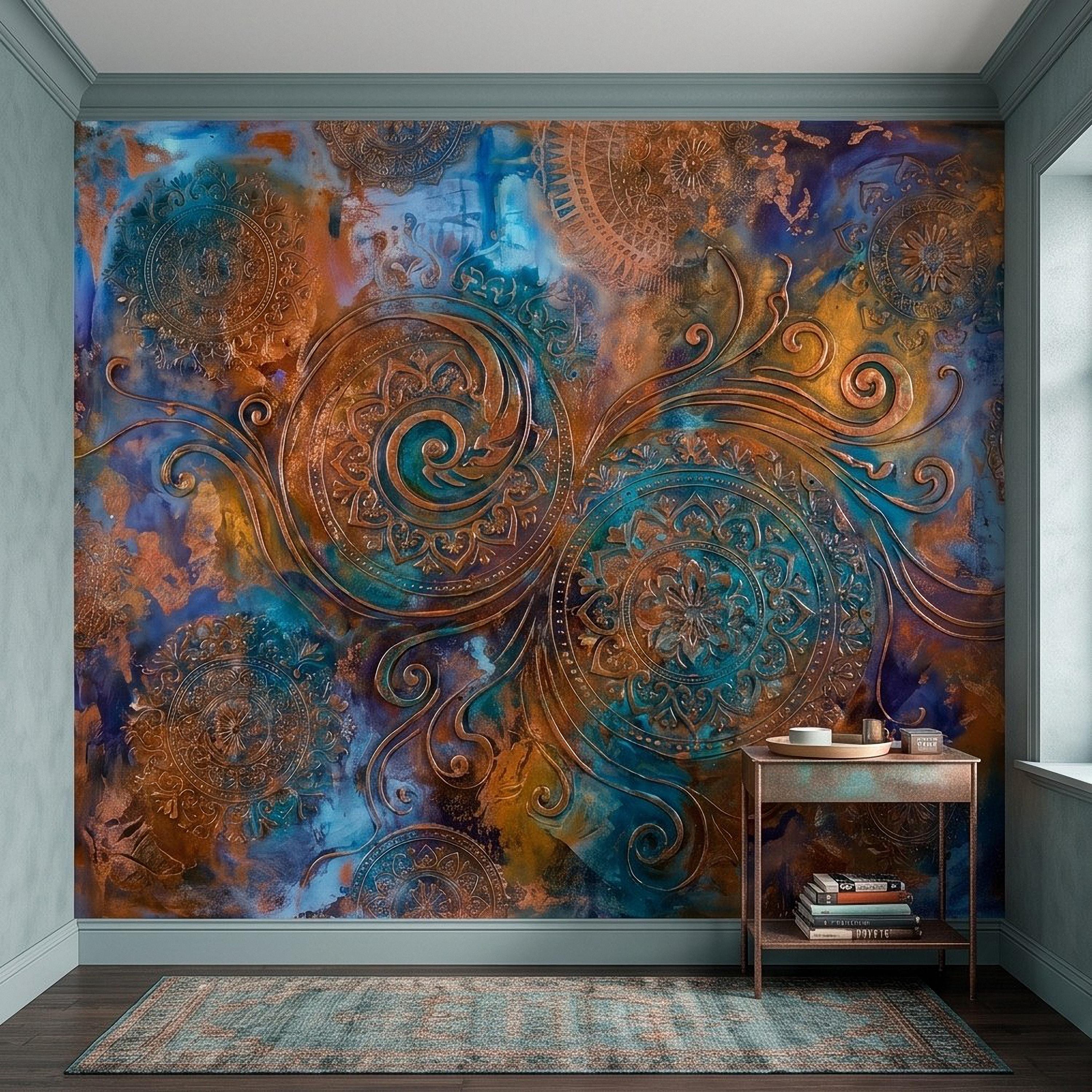 Copper Patina Peel and Stick Wall Mural, Turquoise Blue Ornamental Mandala Antique Bronze Scrollwork Bohemian Abstract Wallpaper