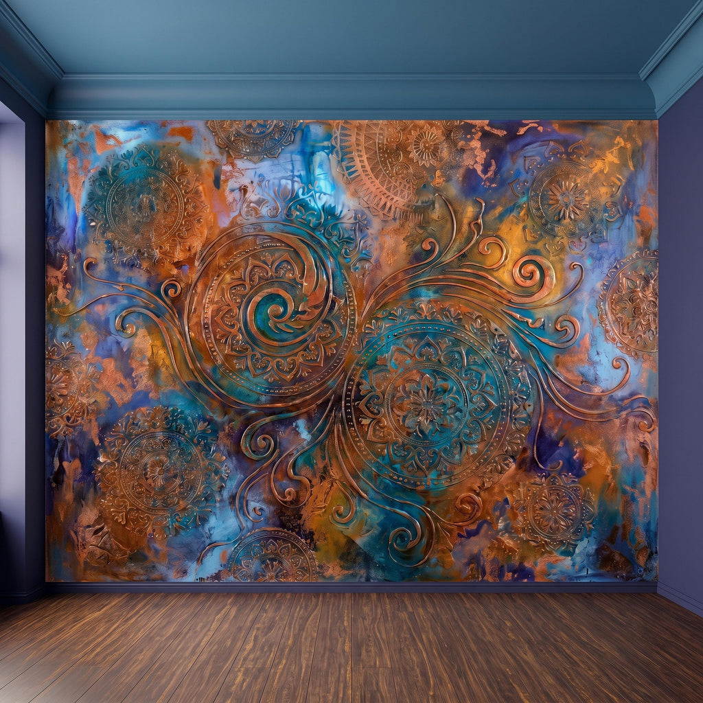 Copper Patina Peel and Stick Wall Mural, Turquoise Blue Ornamental Mandala Antique Bronze Scrollwork Bohemian Abstract Wallpaper