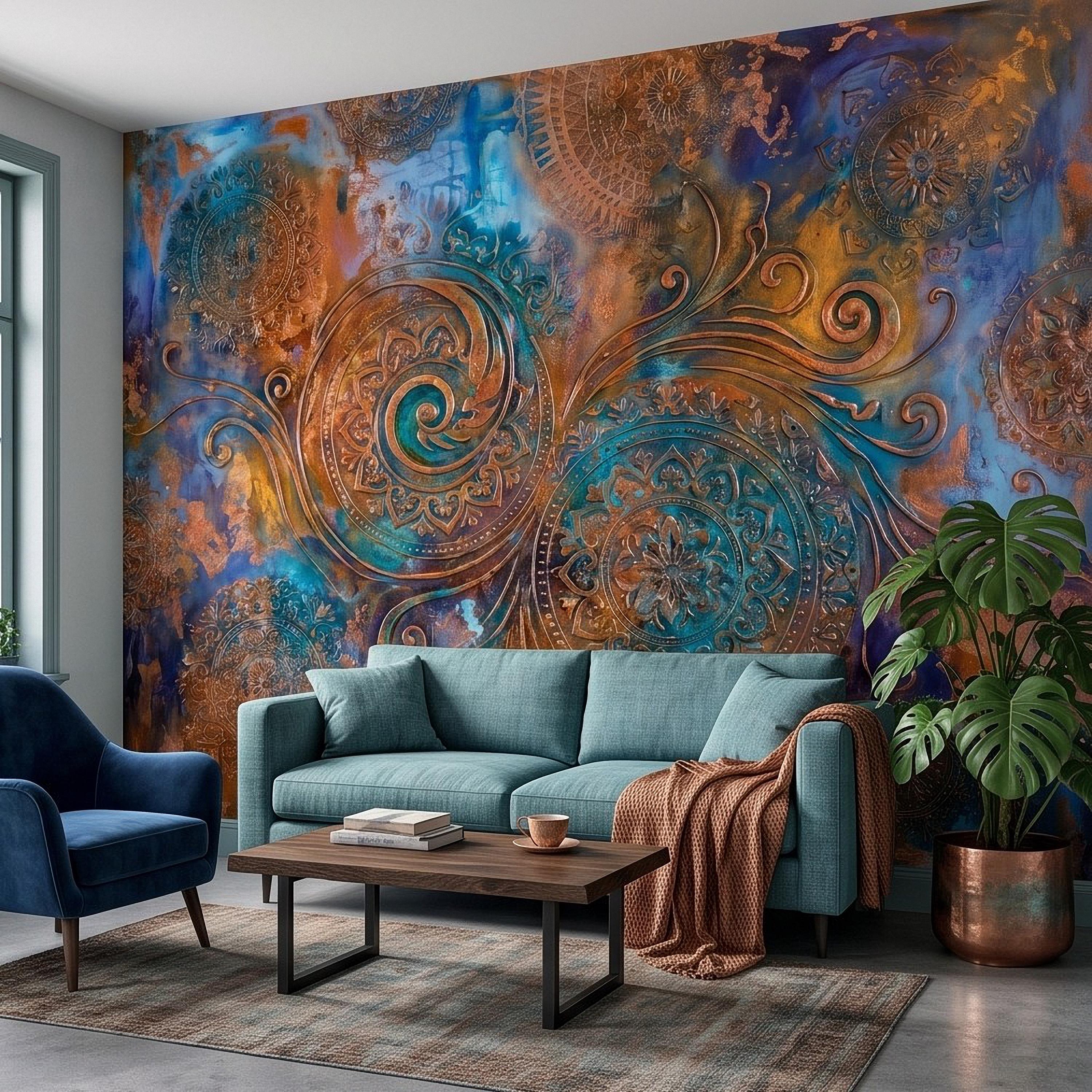 Copper Patina Peel and Stick Wall Mural, Turquoise Blue Ornamental Mandala Antique Bronze Scrollwork Bohemian Abstract Wallpaper