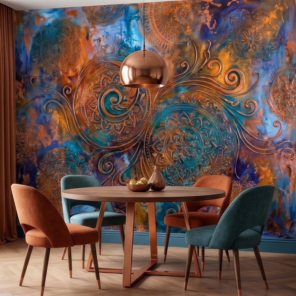Copper Patina Peel and Stick Wall Mural, Turquoise Blue Ornamental Mandala Antique Bronze Scrollwork Bohemian Abstract Wallpaper