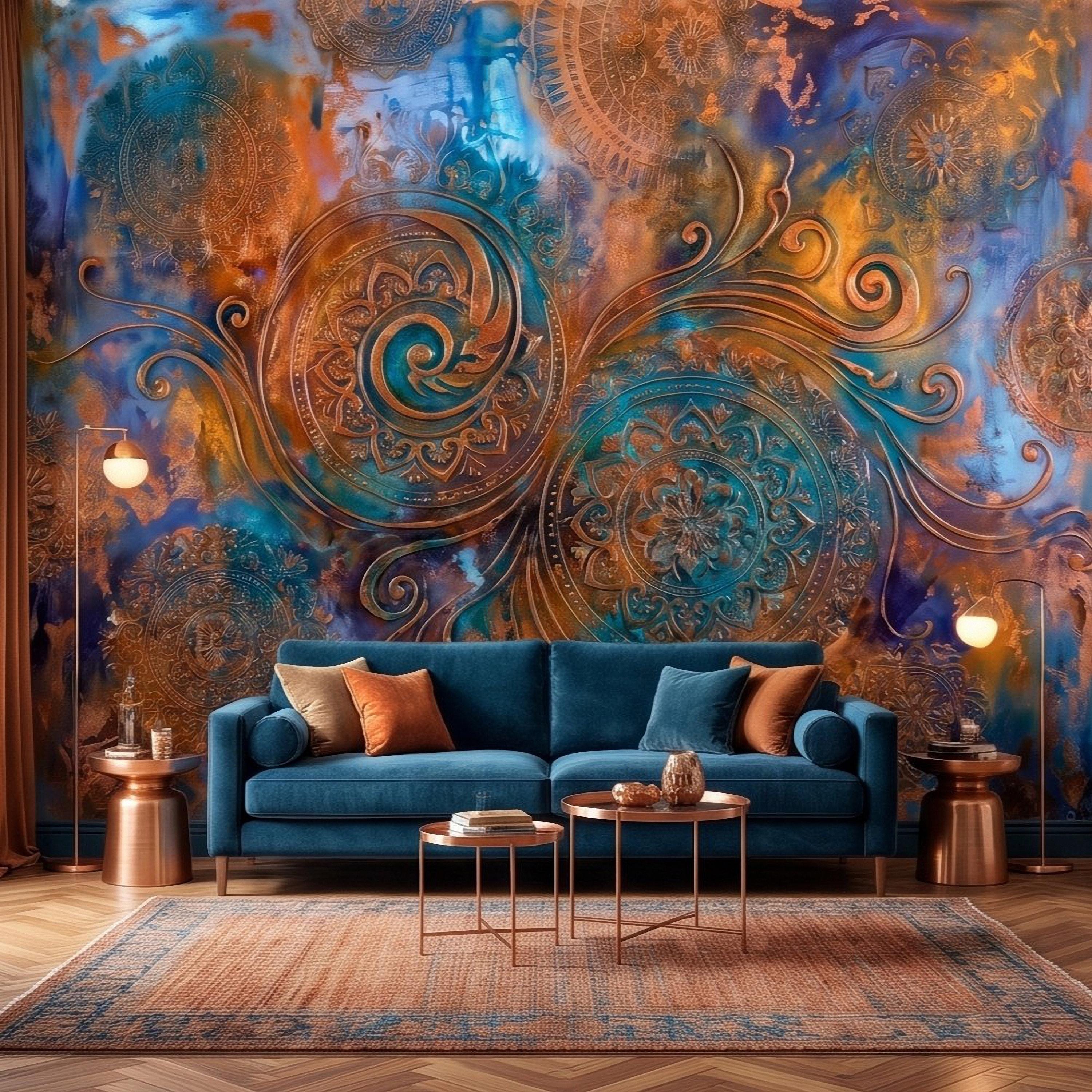 Copper Patina Peel and Stick Wall Mural, Turquoise Blue Ornamental Mandala Antique Bronze Scrollwork Bohemian Abstract Wallpaper