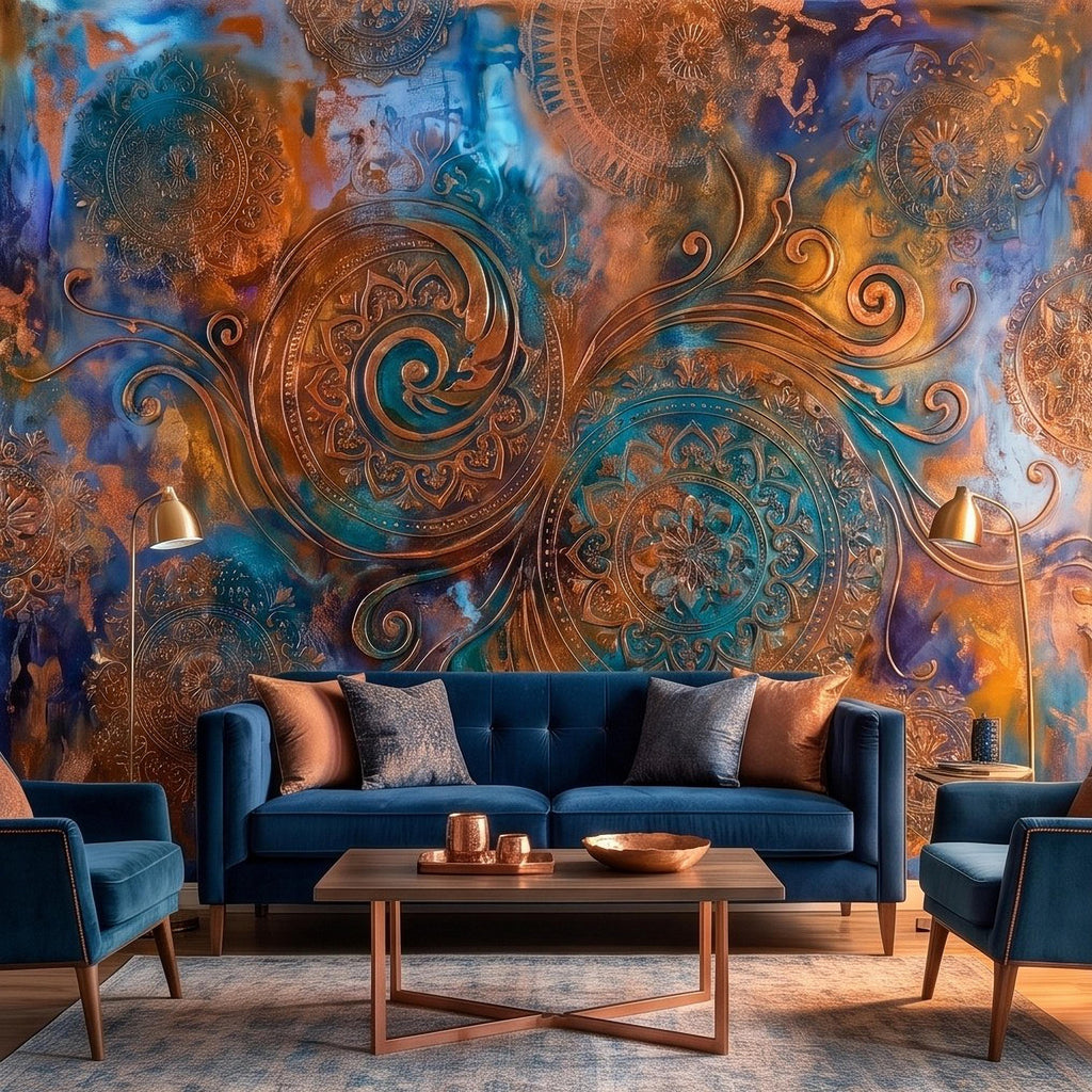 Copper Patina Peel and Stick Wall Mural, Turquoise Blue Ornamental Mandala Antique Bronze Scrollwork Bohemian Abstract Wallpaper