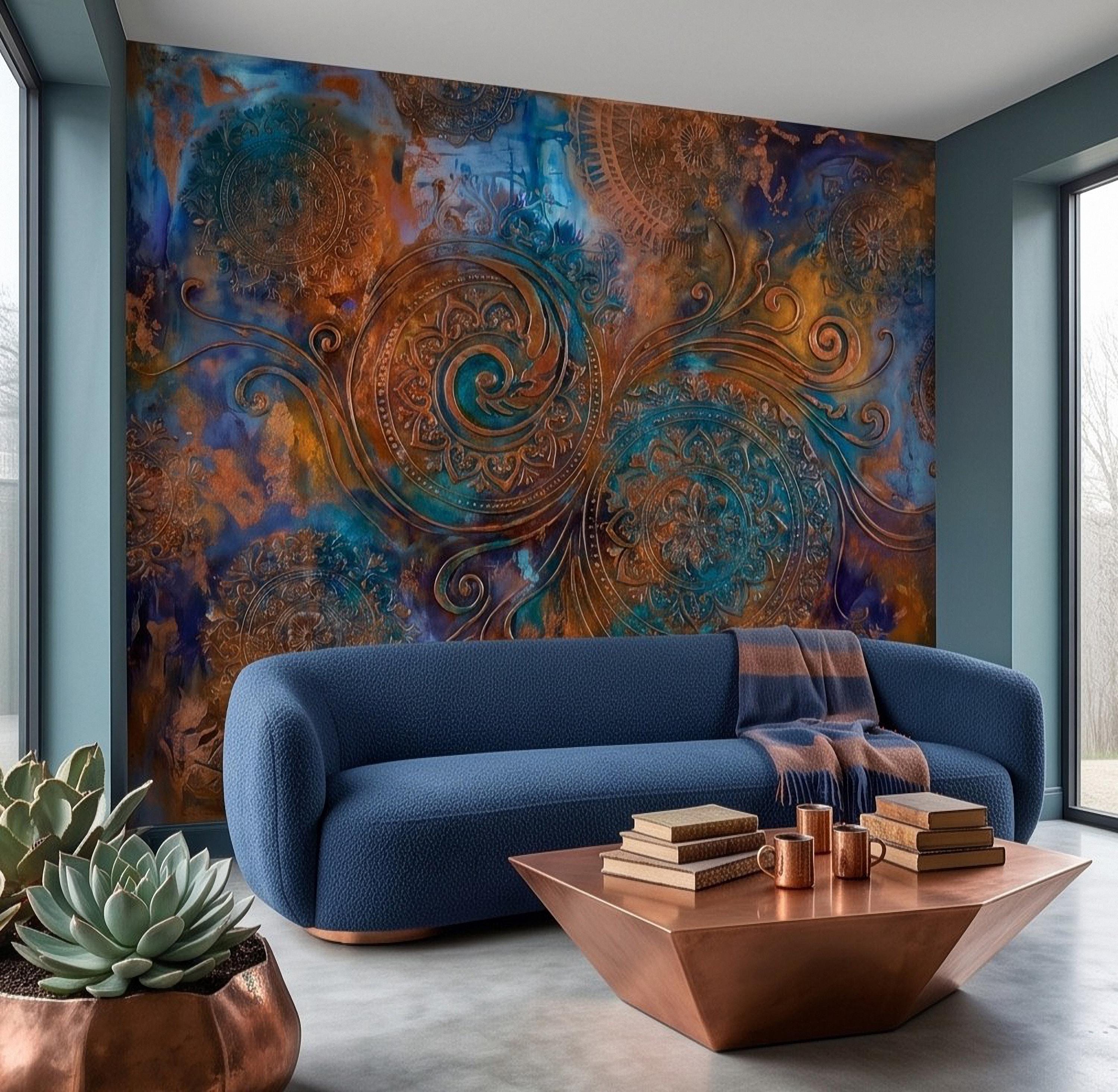 Copper Patina Peel and Stick Wall Mural, Turquoise Blue Ornamental Mandala Antique Bronze Scrollwork Bohemian Abstract Wallpaper