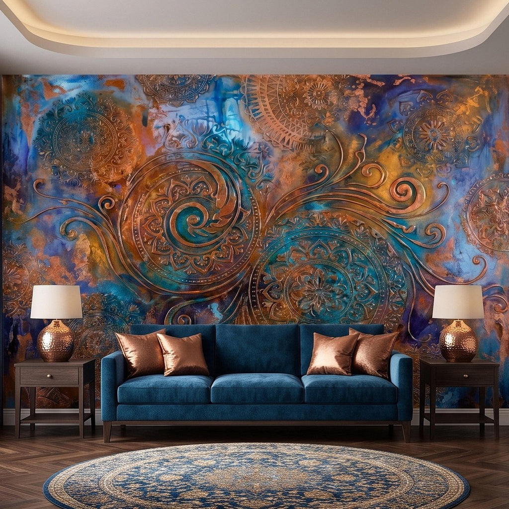 Copper Patina Peel and Stick Wall Mural, Turquoise Blue Ornamental Mandala Antique Bronze Scrollwork Bohemian Abstract Wallpaper