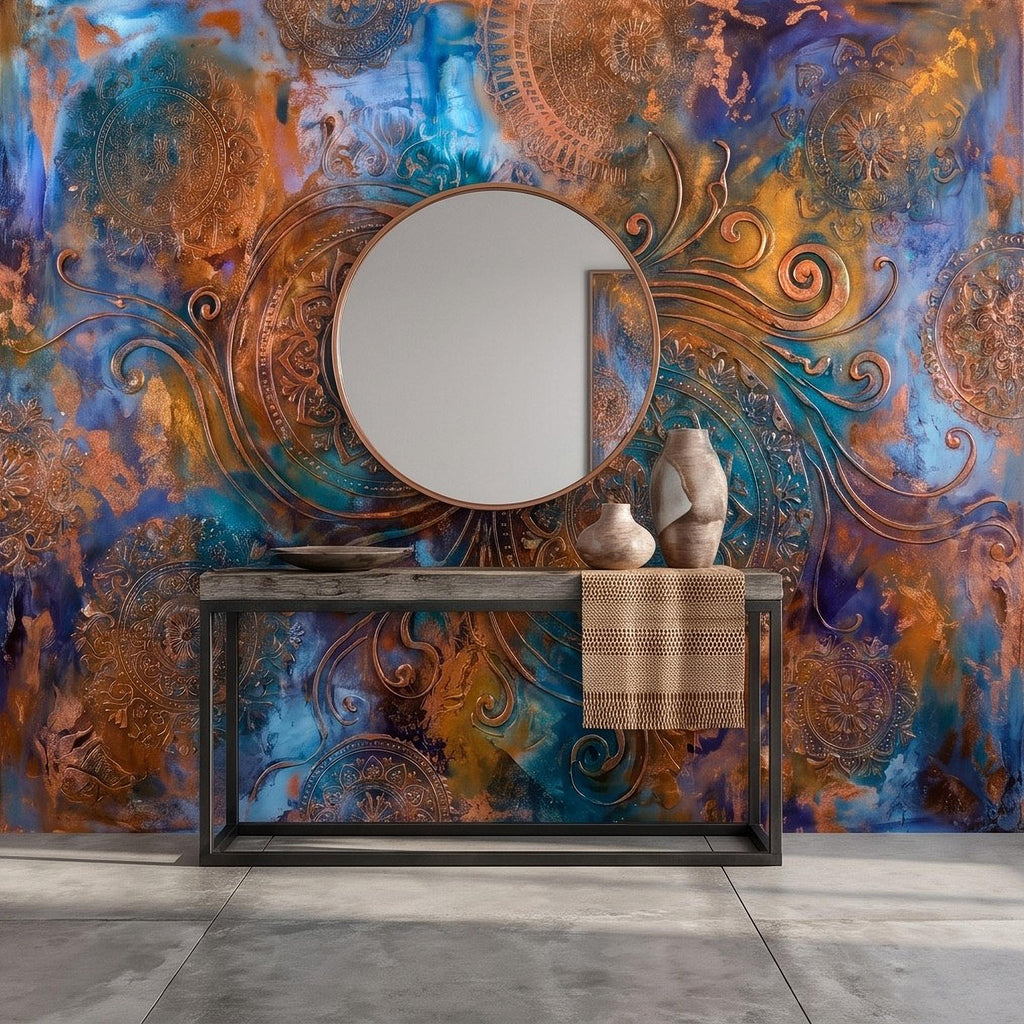 Copper Patina Peel and Stick Wall Mural, Turquoise Blue Ornamental Mandala Antique Bronze Scrollwork Bohemian Abstract Wallpaper