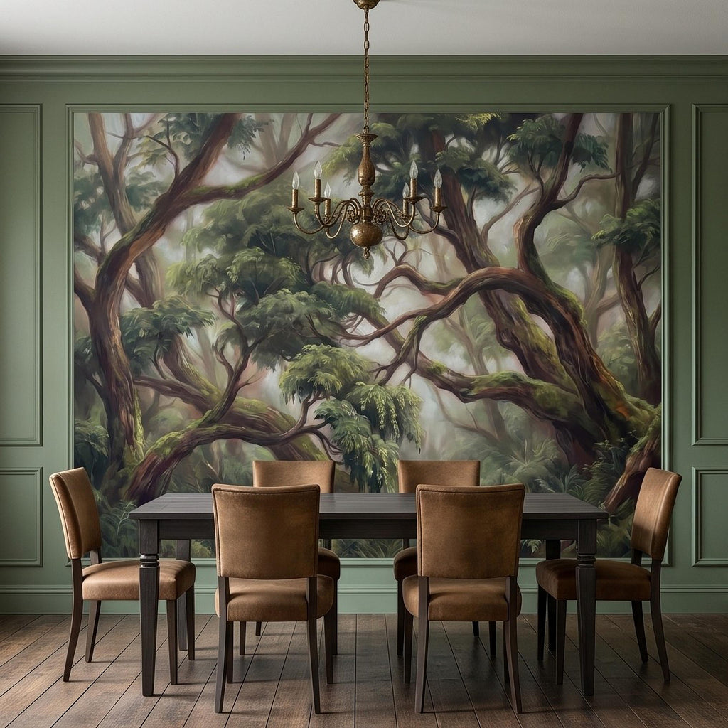 Enchanted Forest Peel and Stick Wall Mural, Ancient Moss Covered Trees Misty Woodland Lush Green Nature Landscape Wallpaper
