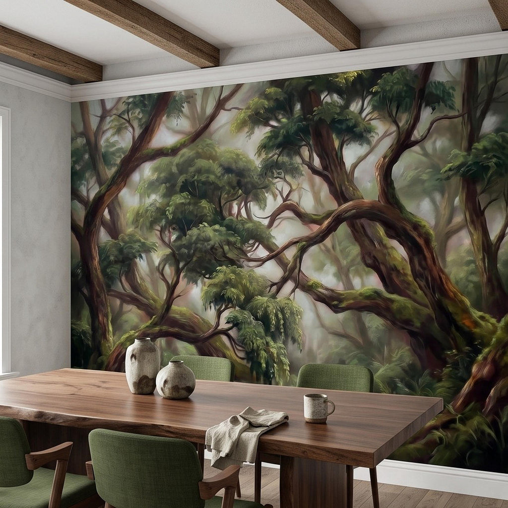 Enchanted Forest Peel and Stick Wall Mural, Ancient Moss Covered Trees Misty Woodland Lush Green Nature Landscape Wallpaper