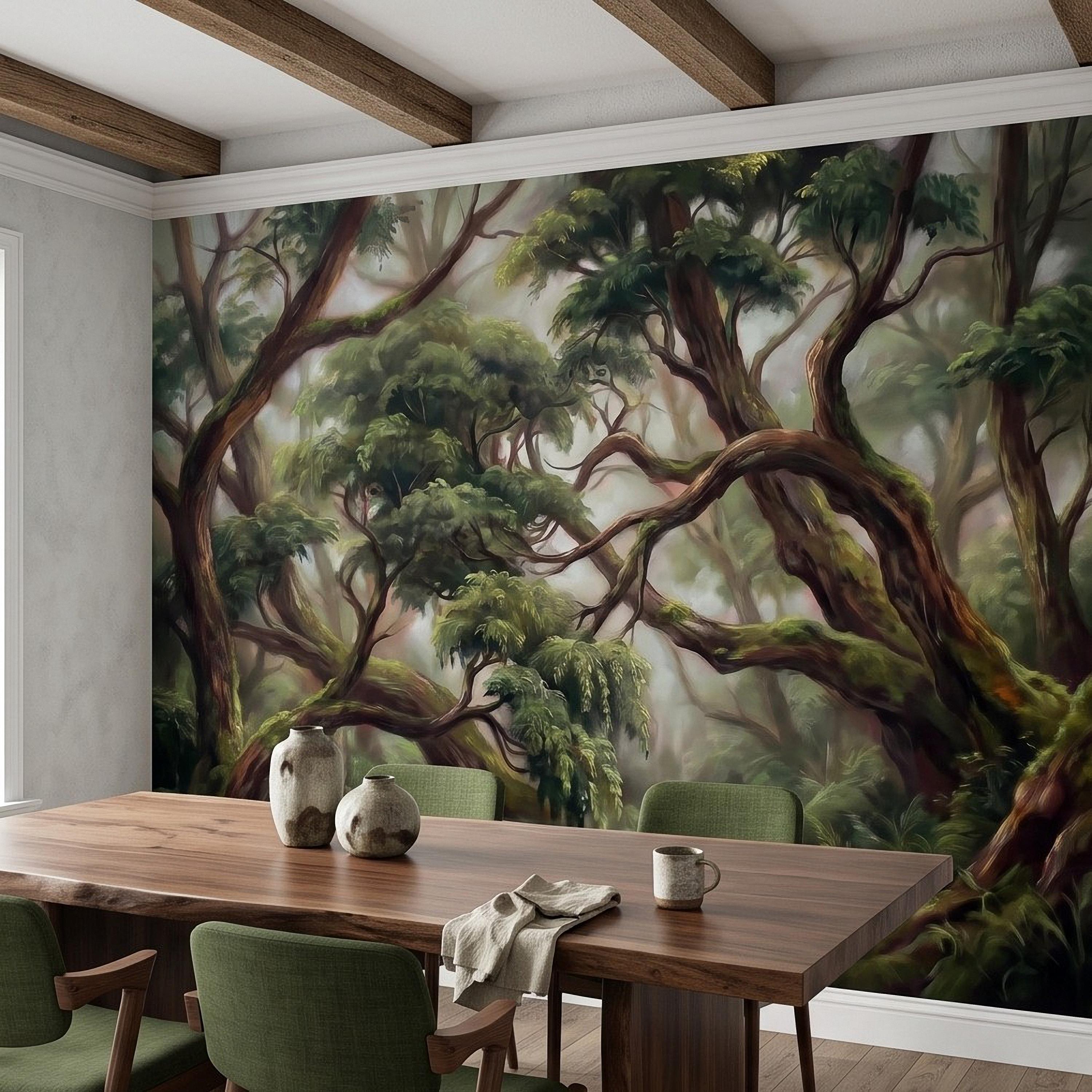 Enchanted Forest Peel and Stick Wall Mural, Ancient Moss Covered Trees Misty Woodland Lush Green Nature Landscape Wallpaper
