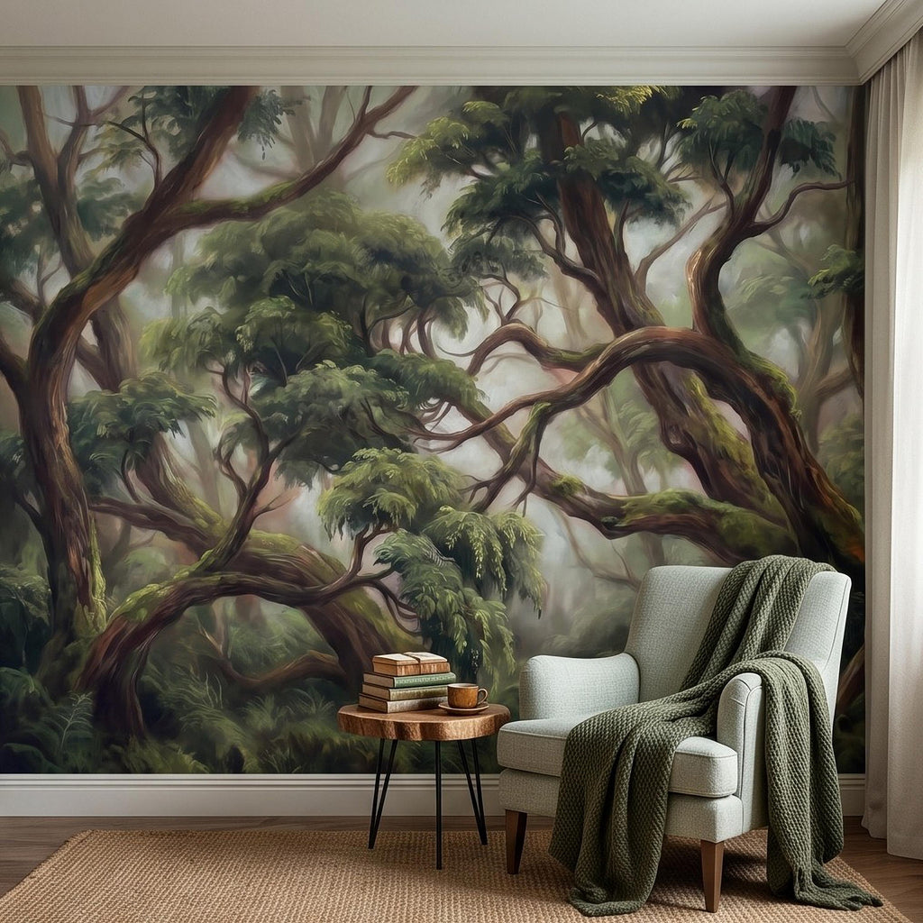 Enchanted Forest Peel and Stick Wall Mural, Ancient Moss Covered Trees Misty Woodland Lush Green Nature Landscape Wallpaper