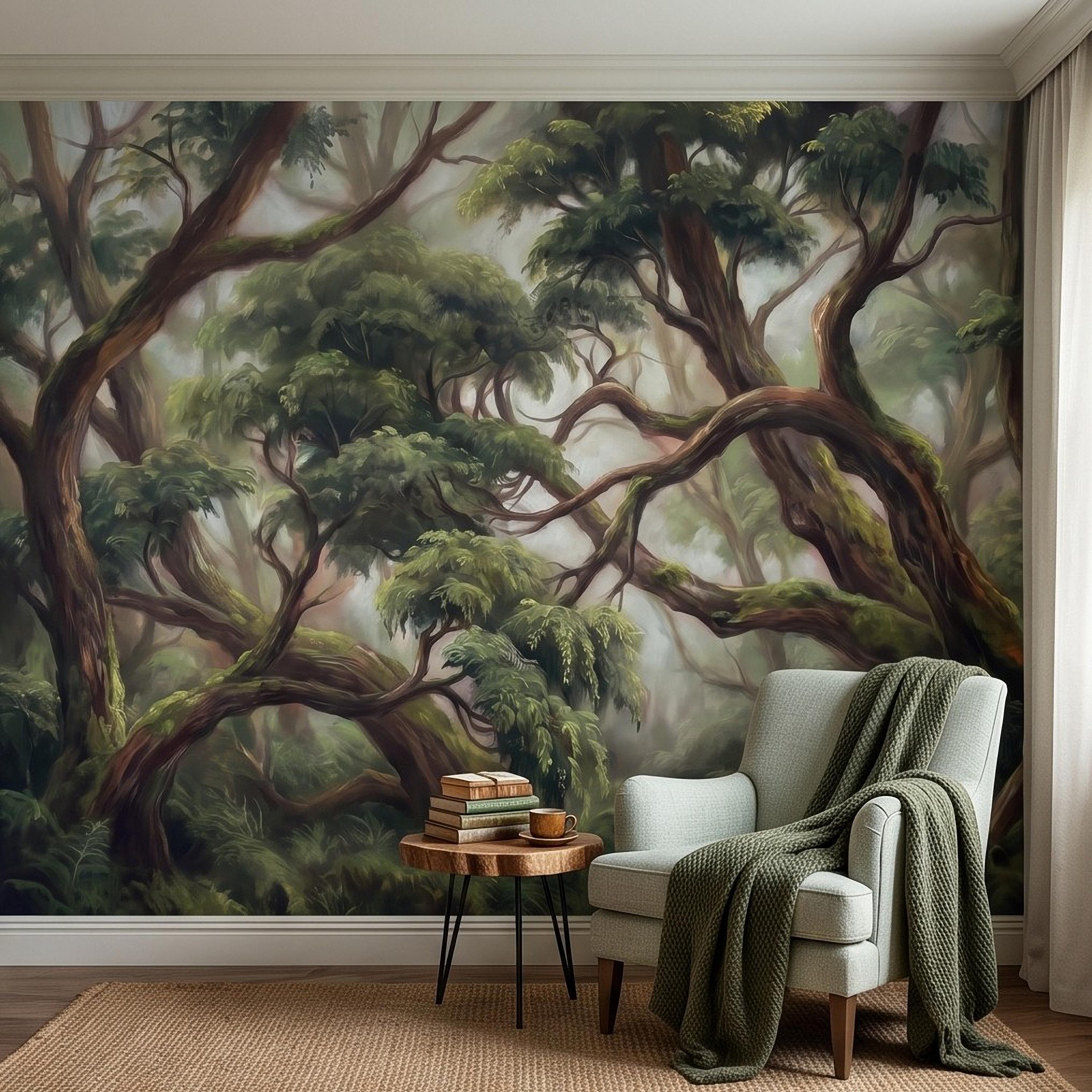 Enchanted Forest Peel and Stick Wall Mural, Ancient Moss Covered Trees Misty Woodland Lush Green Nature Landscape Wallpaper