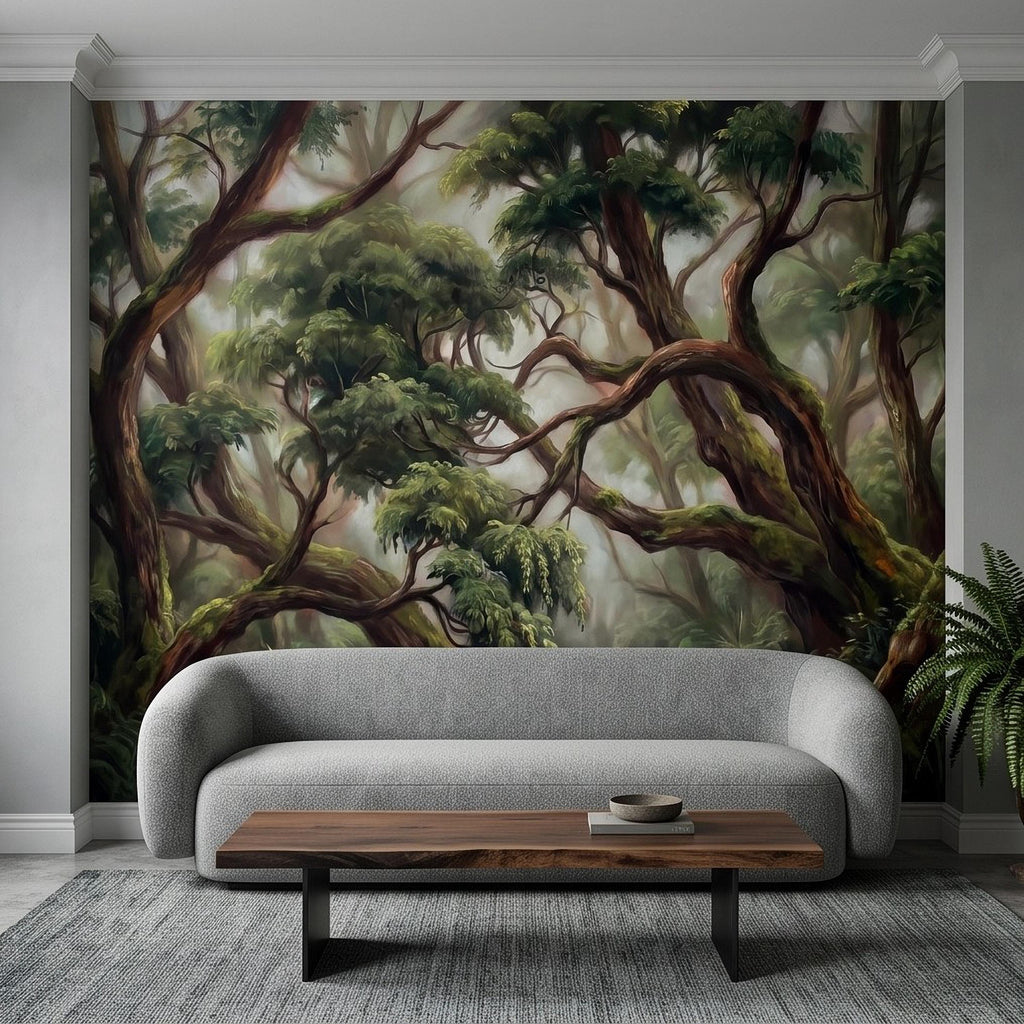 Enchanted Forest Peel and Stick Wall Mural, Ancient Moss Covered Trees Misty Woodland Lush Green Nature Landscape Wallpaper