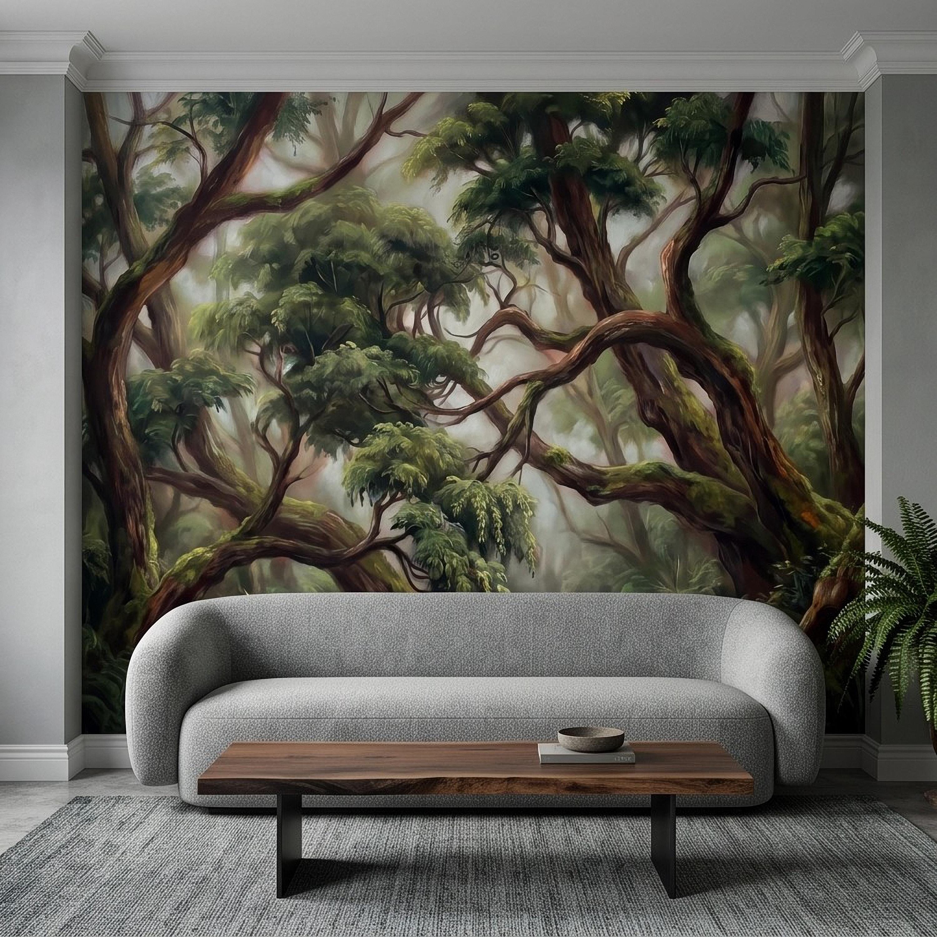 Enchanted Forest Peel and Stick Wall Mural, Ancient Moss Covered Trees Misty Woodland Lush Green Nature Landscape Wallpaper