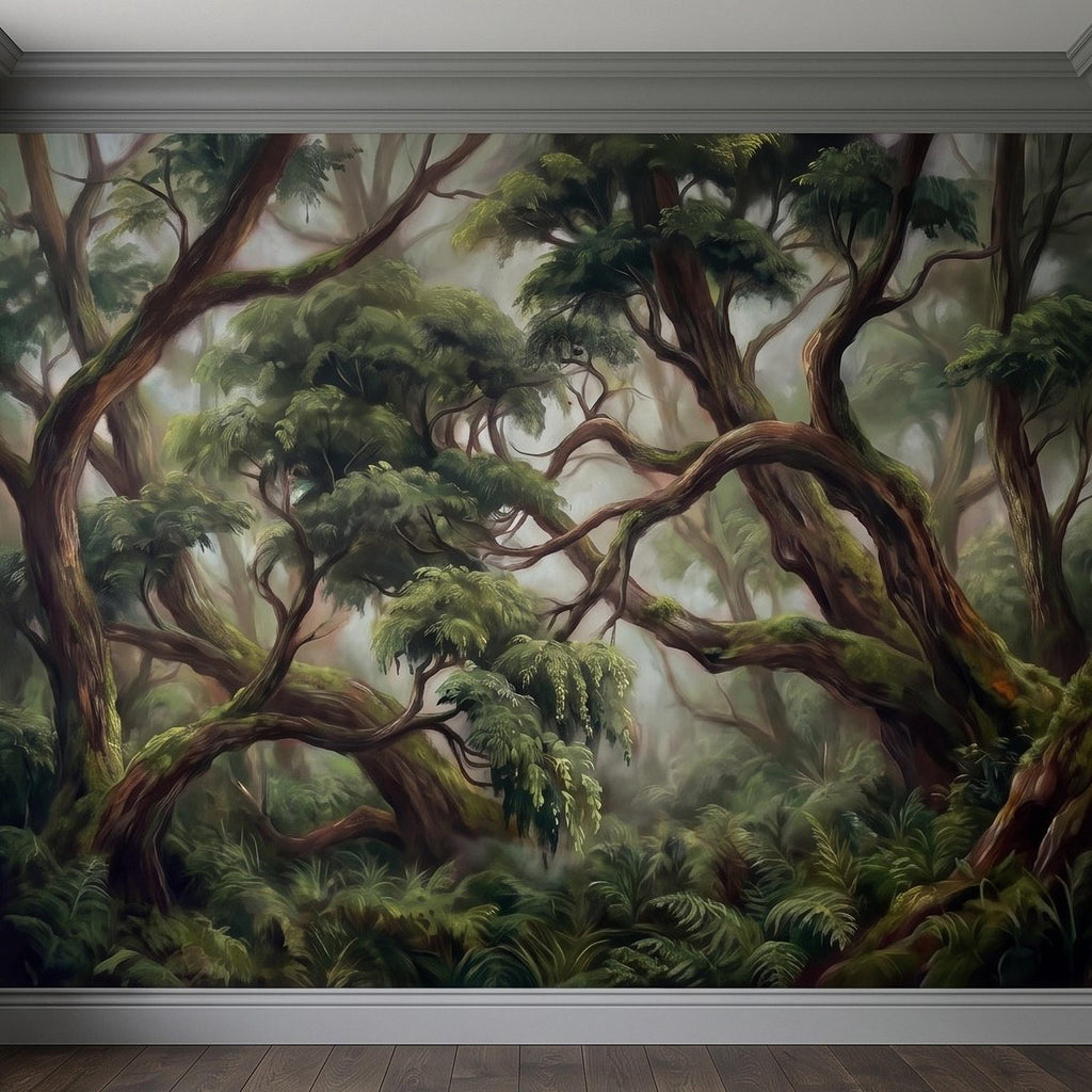 Enchanted Forest Peel and Stick Wall Mural, Ancient Moss Covered Trees Misty Woodland Lush Green Nature Landscape Wallpaper