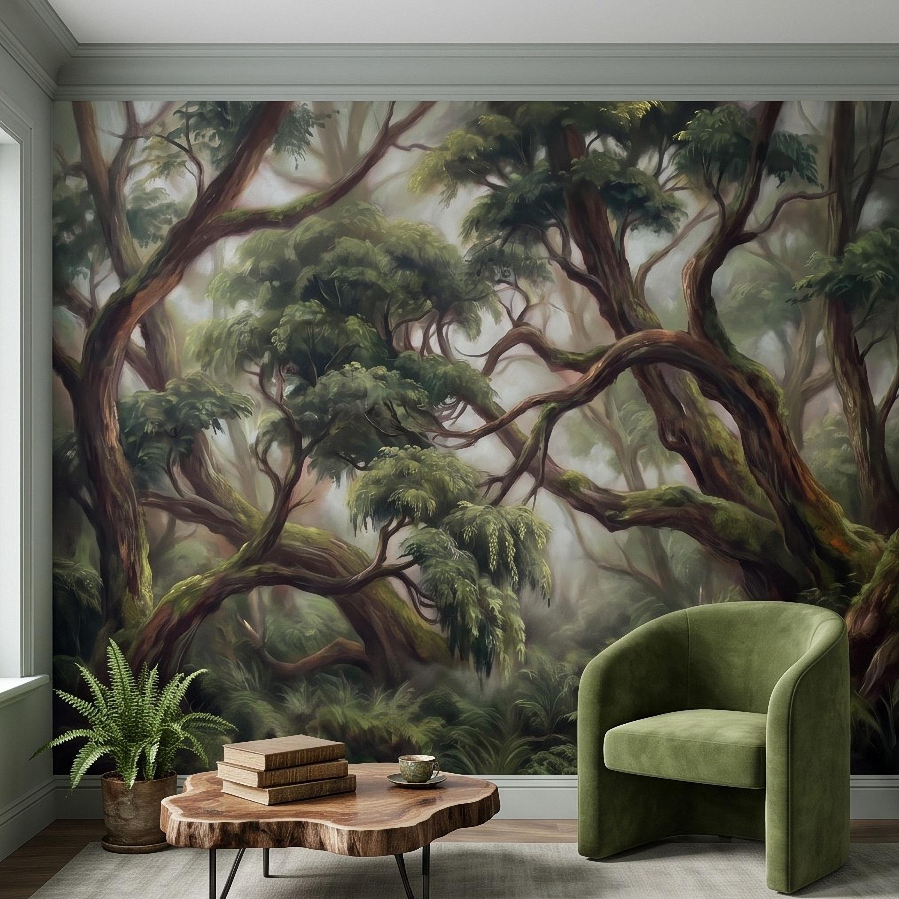 Enchanted Forest Peel and Stick Wall Mural, Ancient Moss Covered Trees Misty Woodland Lush Green Nature Landscape Wallpaper