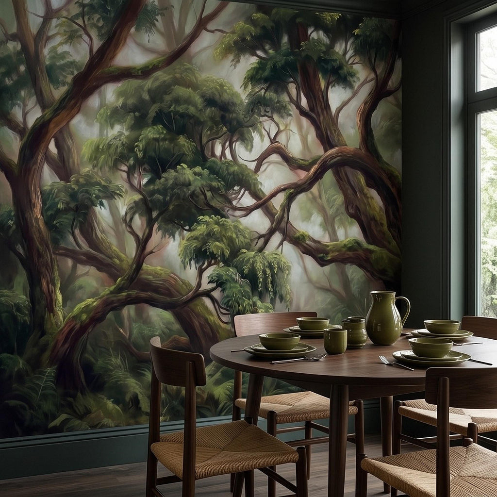 Enchanted Forest Peel and Stick Wall Mural, Ancient Moss Covered Trees Misty Woodland Lush Green Nature Landscape Wallpaper