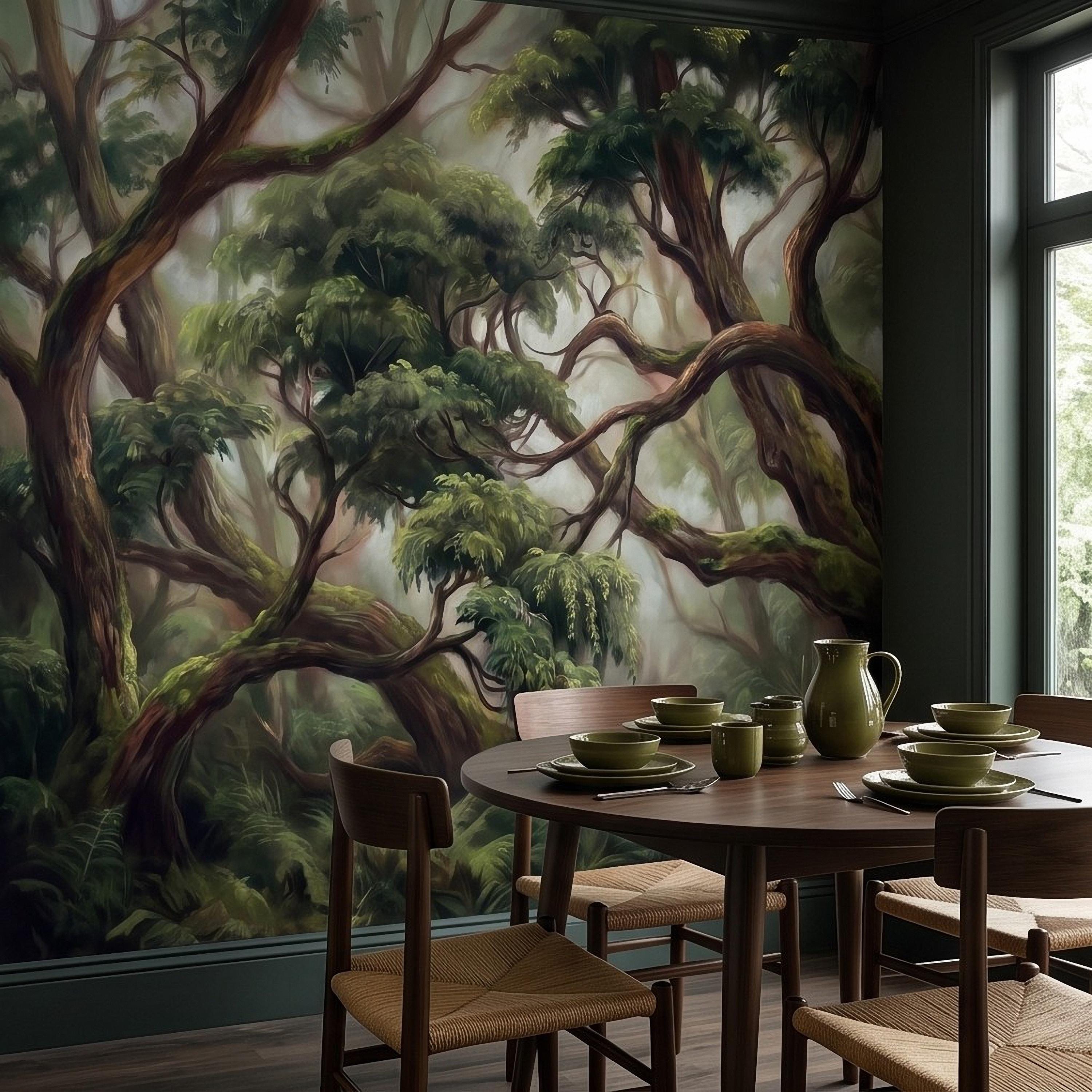 Enchanted Forest Peel and Stick Wall Mural, Ancient Moss Covered Trees Misty Woodland Lush Green Nature Landscape Wallpaper