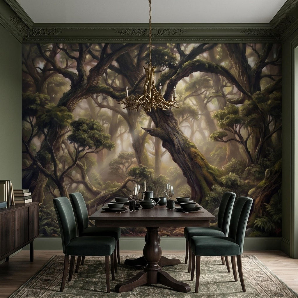 Ancient Forest Peel and Stick Wall Mural, Enchanted Mossy Trees Sunlit Woodland Lush Green Nature Landscape Wallpaper