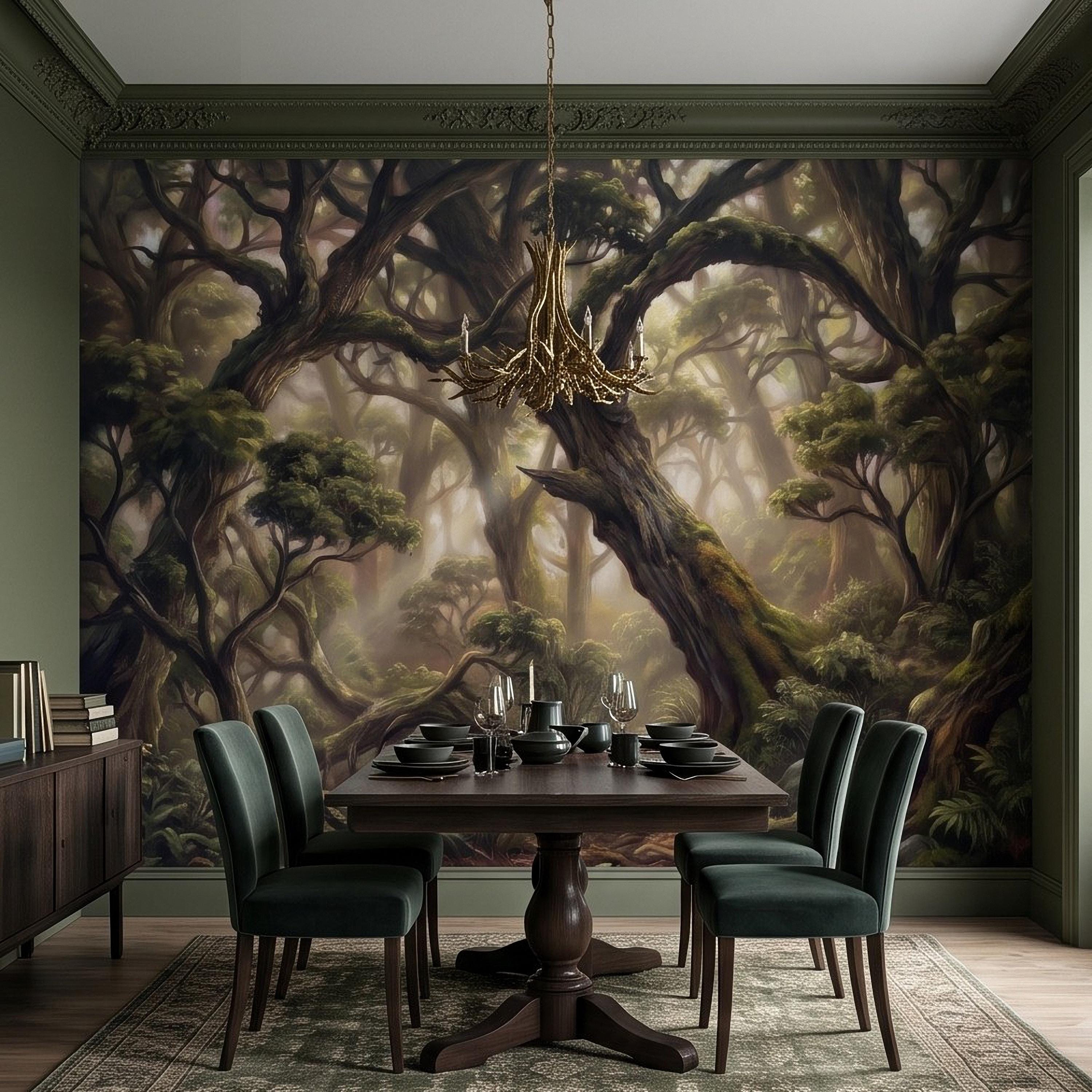 Ancient Forest Peel and Stick Wall Mural, Enchanted Mossy Trees Sunlit Woodland Lush Green Nature Landscape Wallpaper