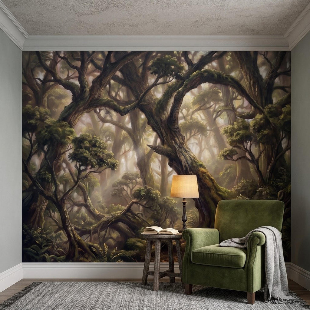 Ancient Forest Peel and Stick Wall Mural, Enchanted Mossy Trees Sunlit Woodland Lush Green Nature Landscape Wallpaper