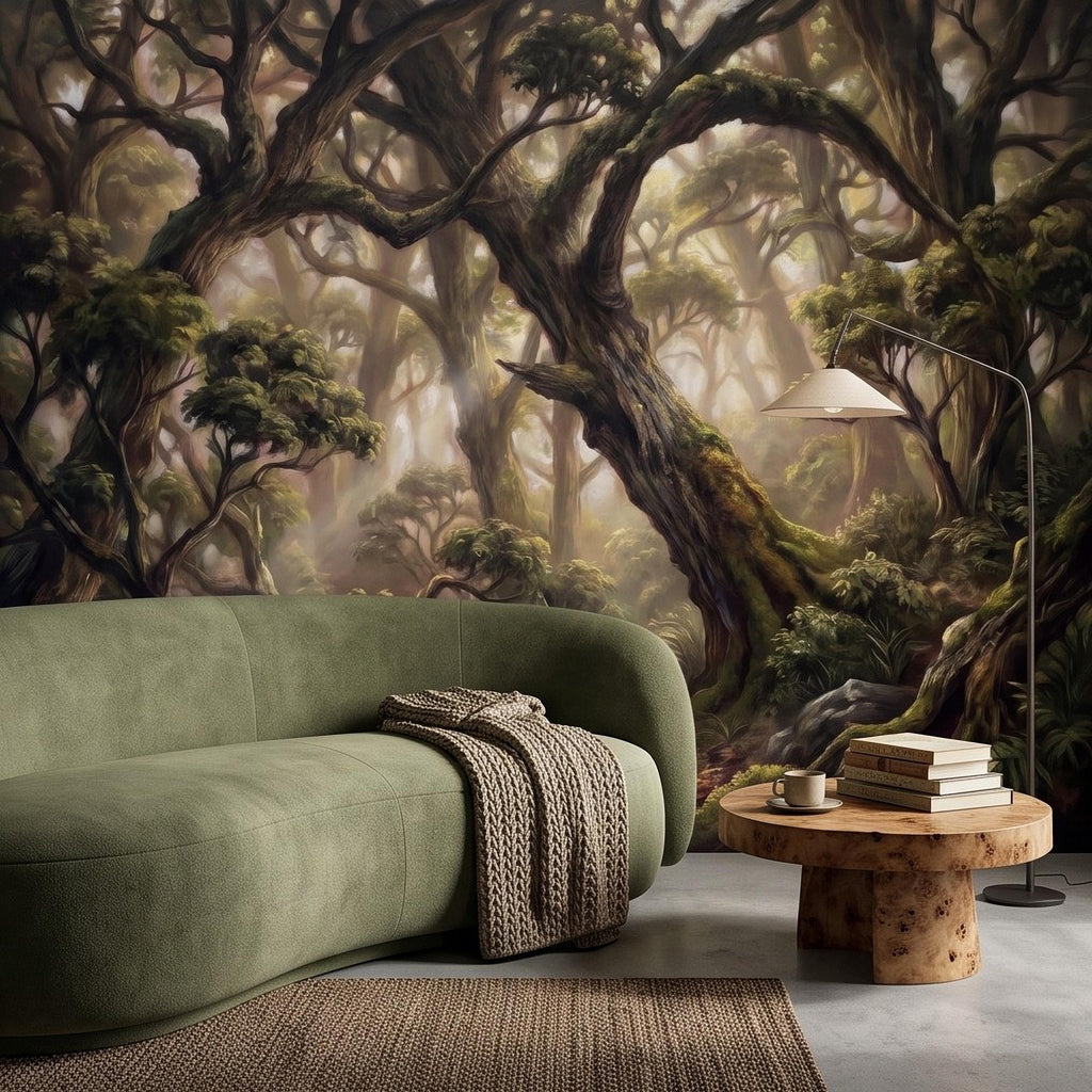 Ancient Forest Peel and Stick Wall Mural, Enchanted Mossy Trees Sunlit Woodland Lush Green Nature Landscape Wallpaper