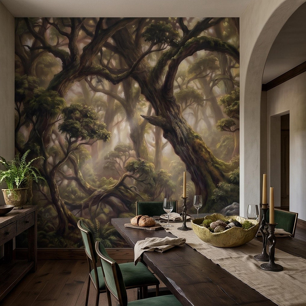Ancient Forest Peel and Stick Wall Mural, Enchanted Mossy Trees Sunlit Woodland Lush Green Nature Landscape Wallpaper