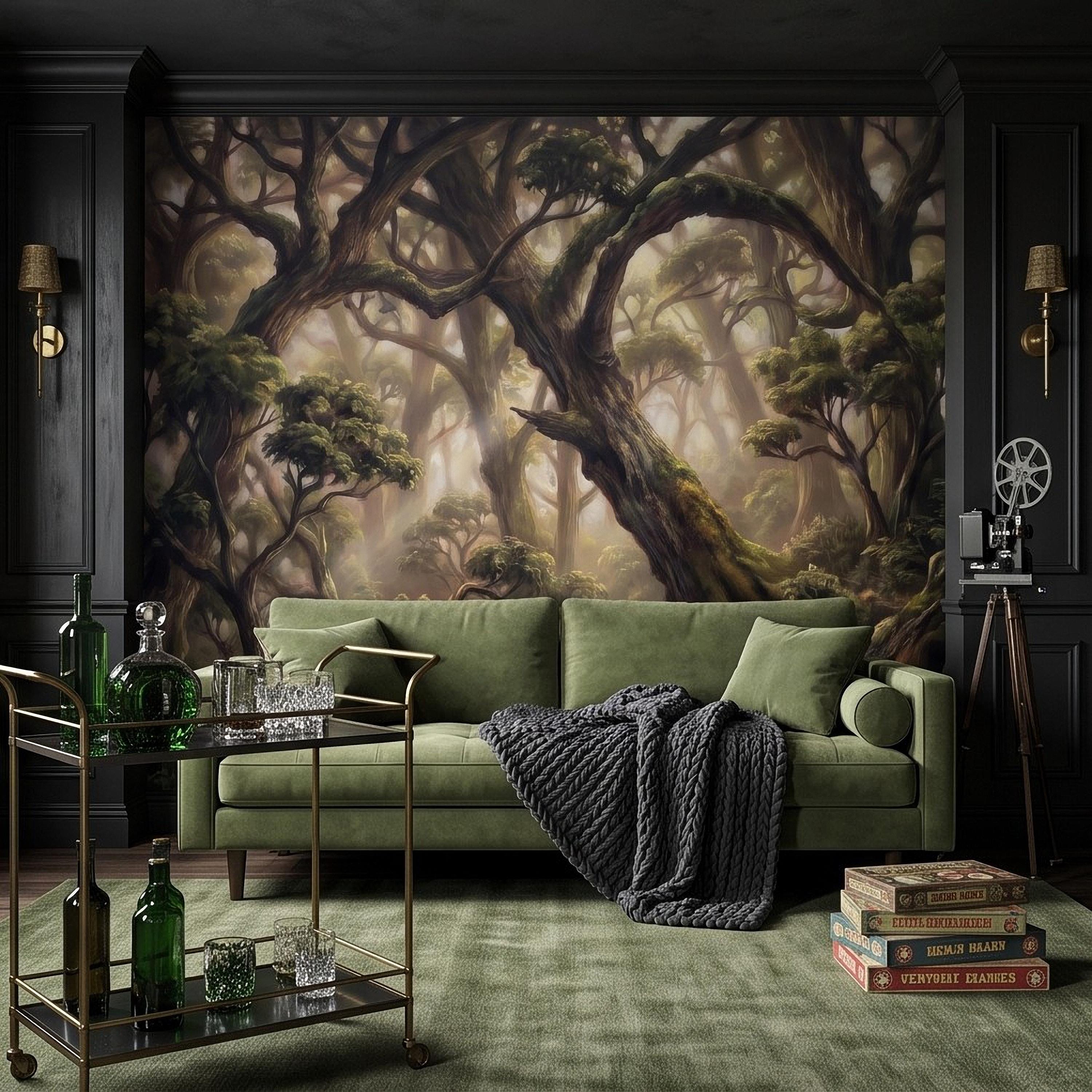 Ancient Forest Peel and Stick Wall Mural, Enchanted Mossy Trees Sunlit Woodland Lush Green Nature Landscape Wallpaper