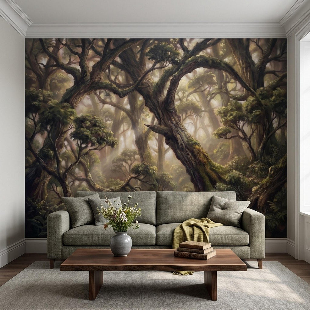 Ancient Forest Peel and Stick Wall Mural, Enchanted Mossy Trees Sunlit Woodland Lush Green Nature Landscape Wallpaper