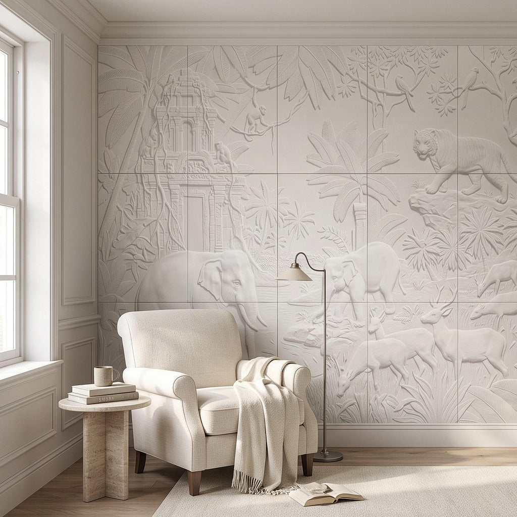 Safari Relief Peel and Stick Wall Mural, Sculpted Elephant Tiger Jungle Temple Ecru Embossed Plaster Look Wallpaper