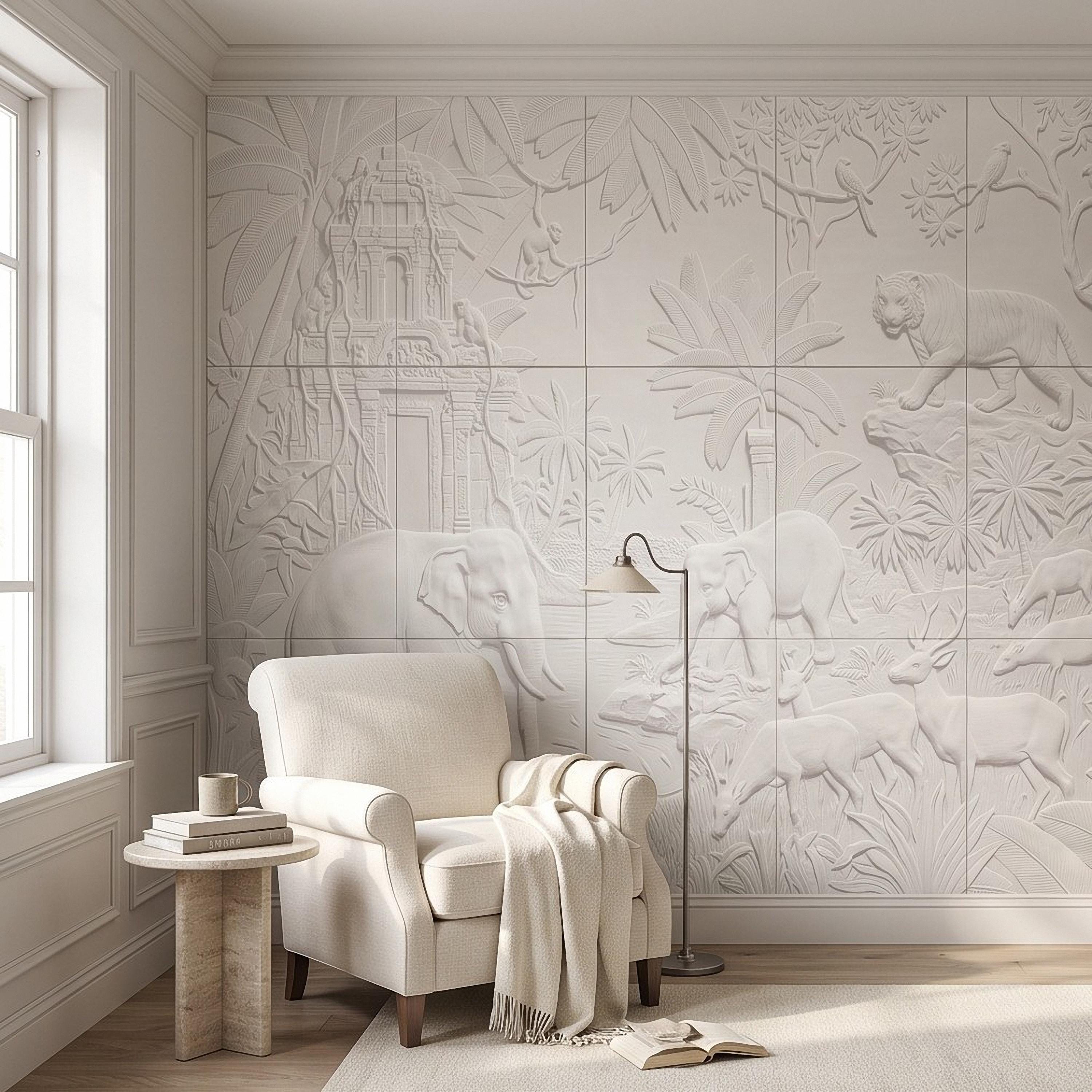 Safari Relief Peel and Stick Wall Mural, Sculpted Elephant Tiger Jungle Temple Ecru Embossed Plaster Look Wallpaper
