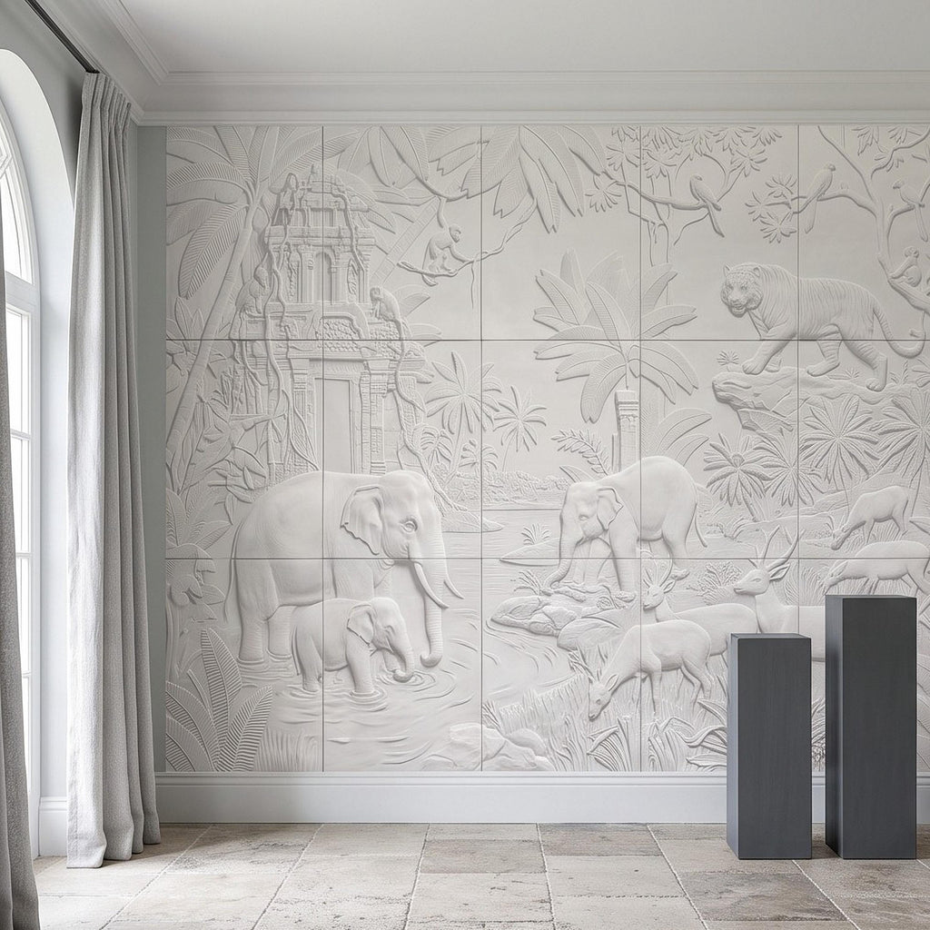 Safari Relief Peel and Stick Wall Mural, Sculpted Elephant Tiger Jungle Temple Ecru Embossed Plaster Look Wallpaper