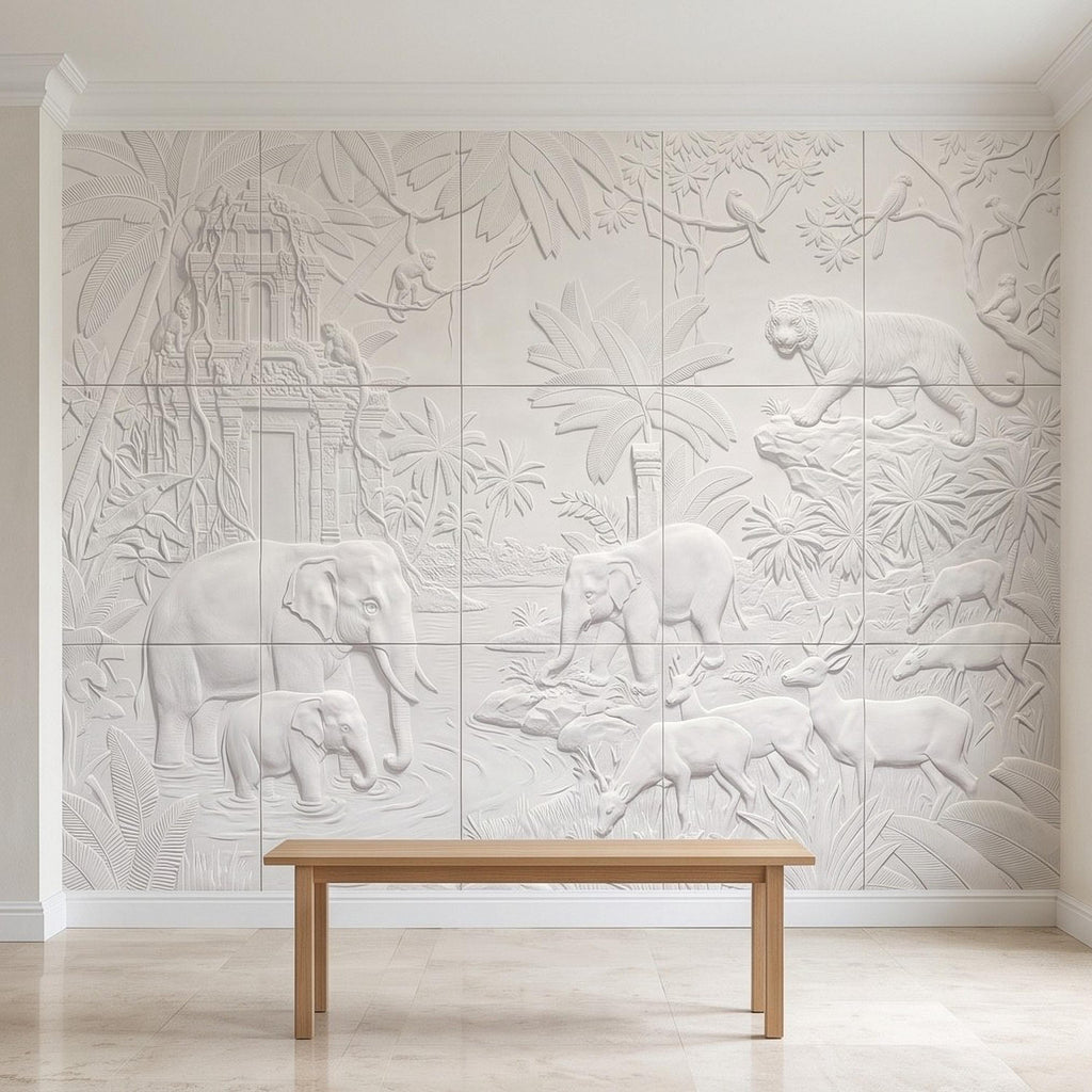 Safari Relief Peel and Stick Wall Mural, Sculpted Elephant Tiger Jungle Temple Ecru Embossed Plaster Look Wallpaper