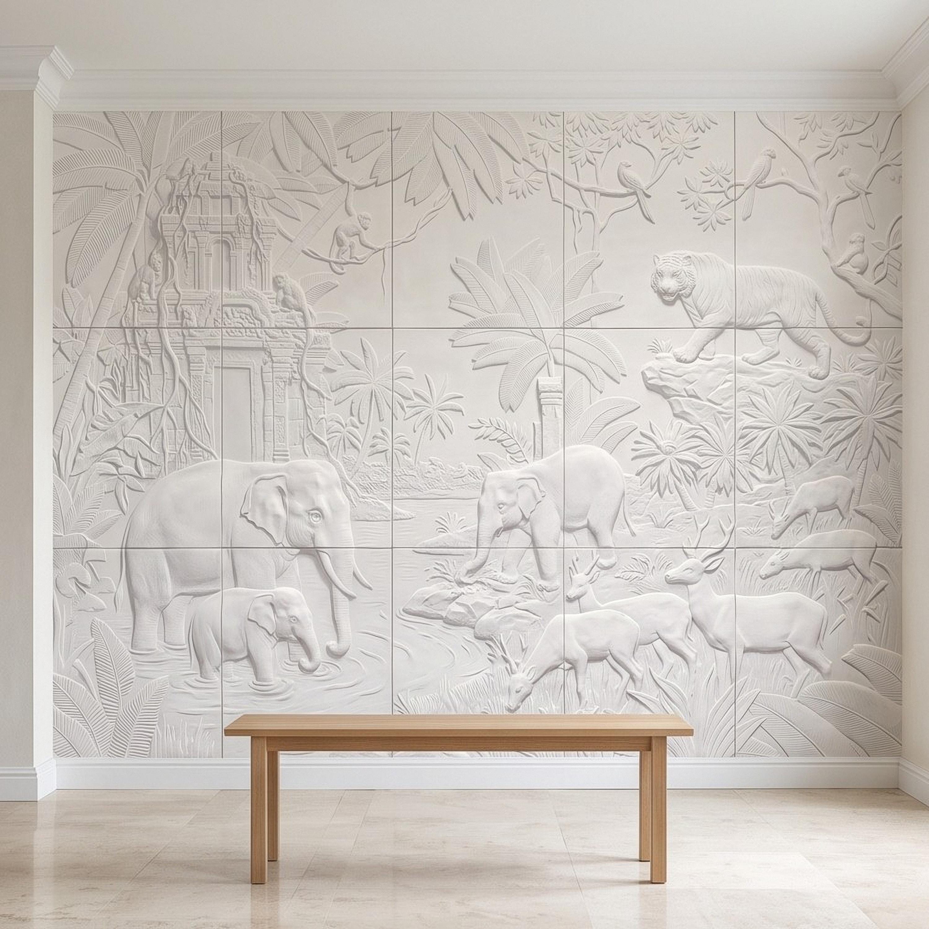 Safari Relief Peel and Stick Wall Mural, Sculpted Elephant Tiger Jungle Temple Ecru Embossed Plaster Look Wallpaper