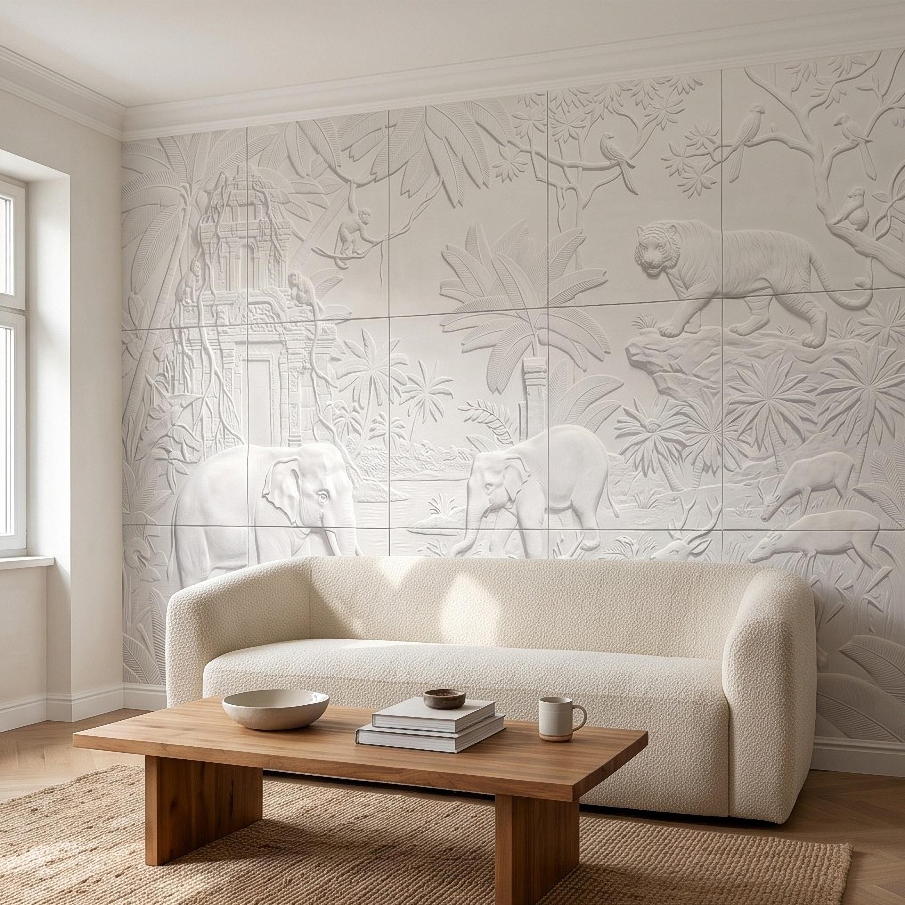 Safari Relief Peel and Stick Wall Mural, Sculpted Elephant Tiger Jungle Temple Ecru Embossed Plaster Look Wallpaper