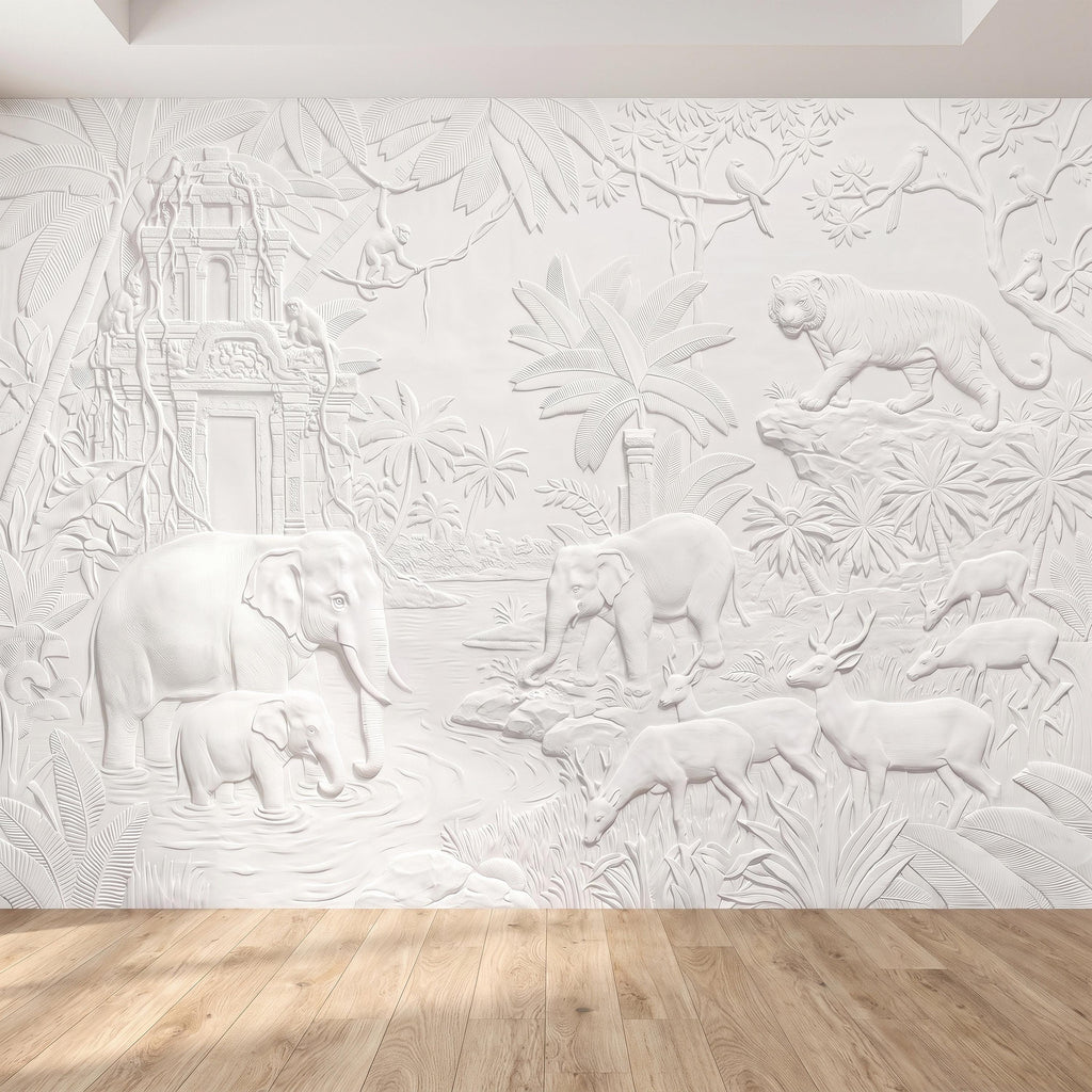 Safari Relief Peel and Stick Wall Mural, Sculpted Elephant Tiger Jungle Temple Ecru Embossed Plaster Look Wallpaper