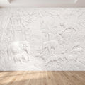 Safari Relief Peel and Stick Wall Mural, Sculpted Elephant Tiger Jungle Temple Ecru Embossed Plaster Look Wallpaper