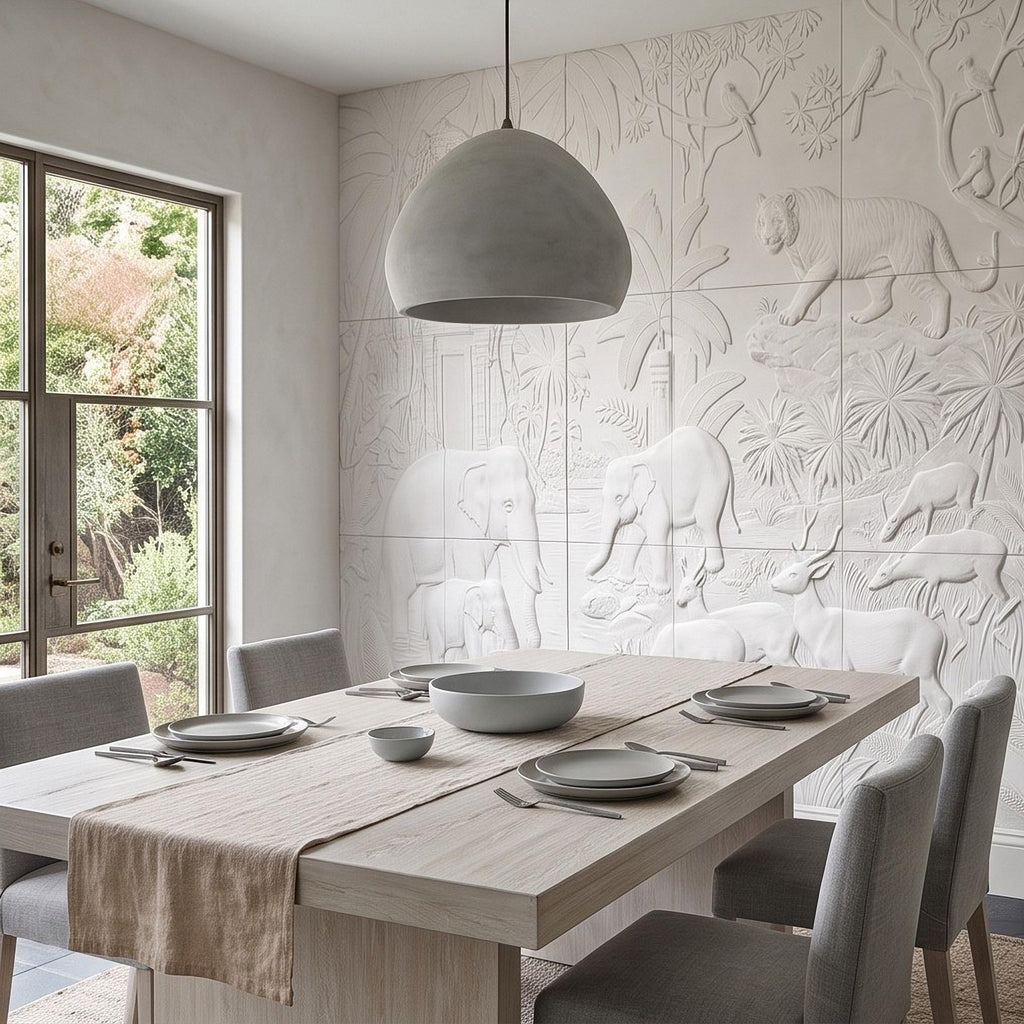 Safari Relief Peel and Stick Wall Mural, Sculpted Elephant Tiger Jungle Temple Ecru Embossed Plaster Look Wallpaper