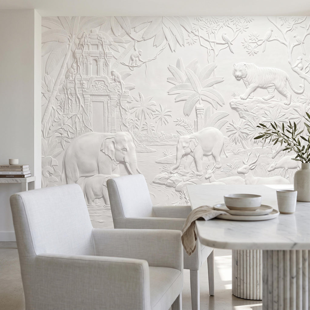 Safari Relief Peel and Stick Wall Mural, Sculpted Elephant Tiger Jungle Temple Ecru Embossed Plaster Look Wallpaper