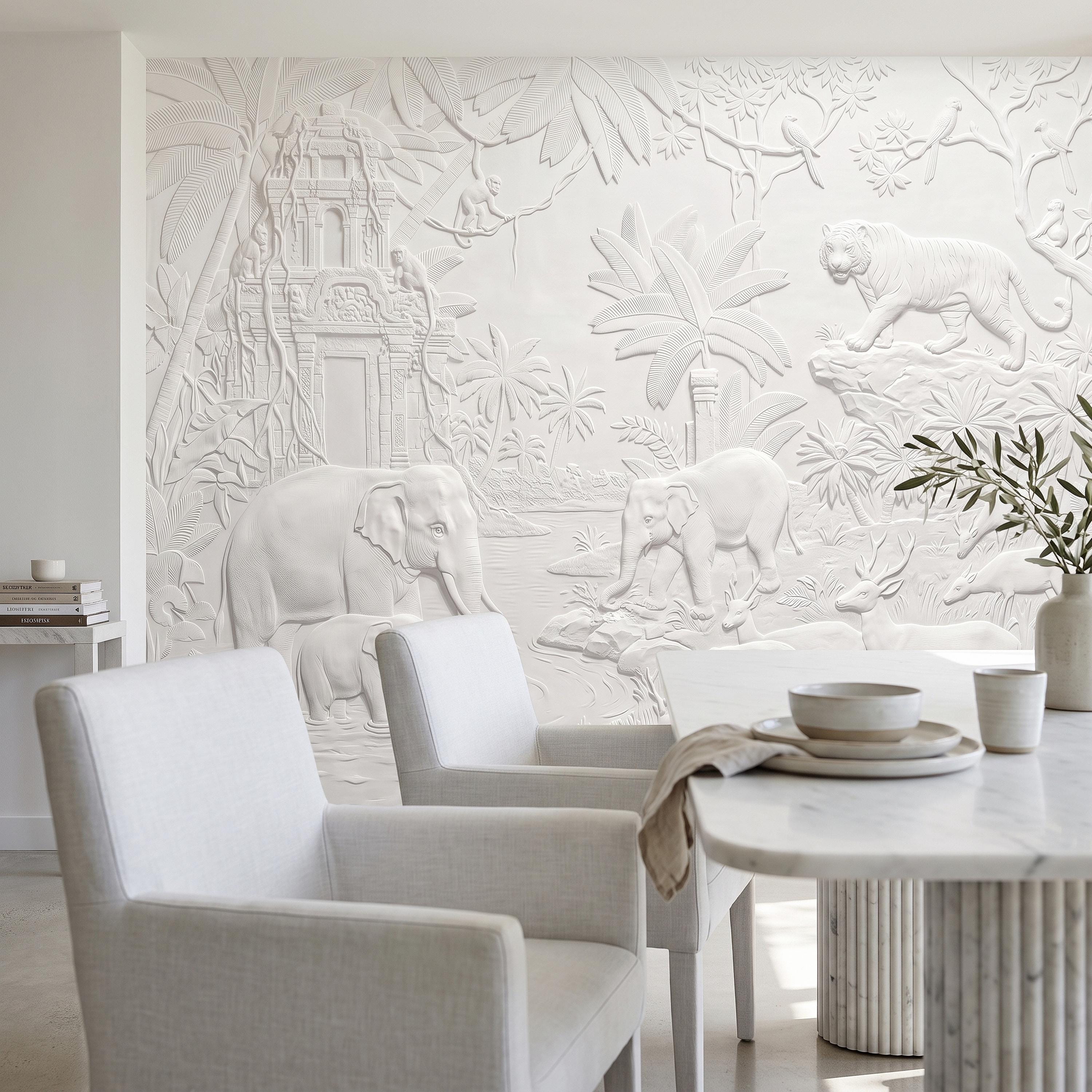 Safari Relief Peel and Stick Wall Mural, Sculpted Elephant Tiger Jungle Temple Ecru Embossed Plaster Look Wallpaper