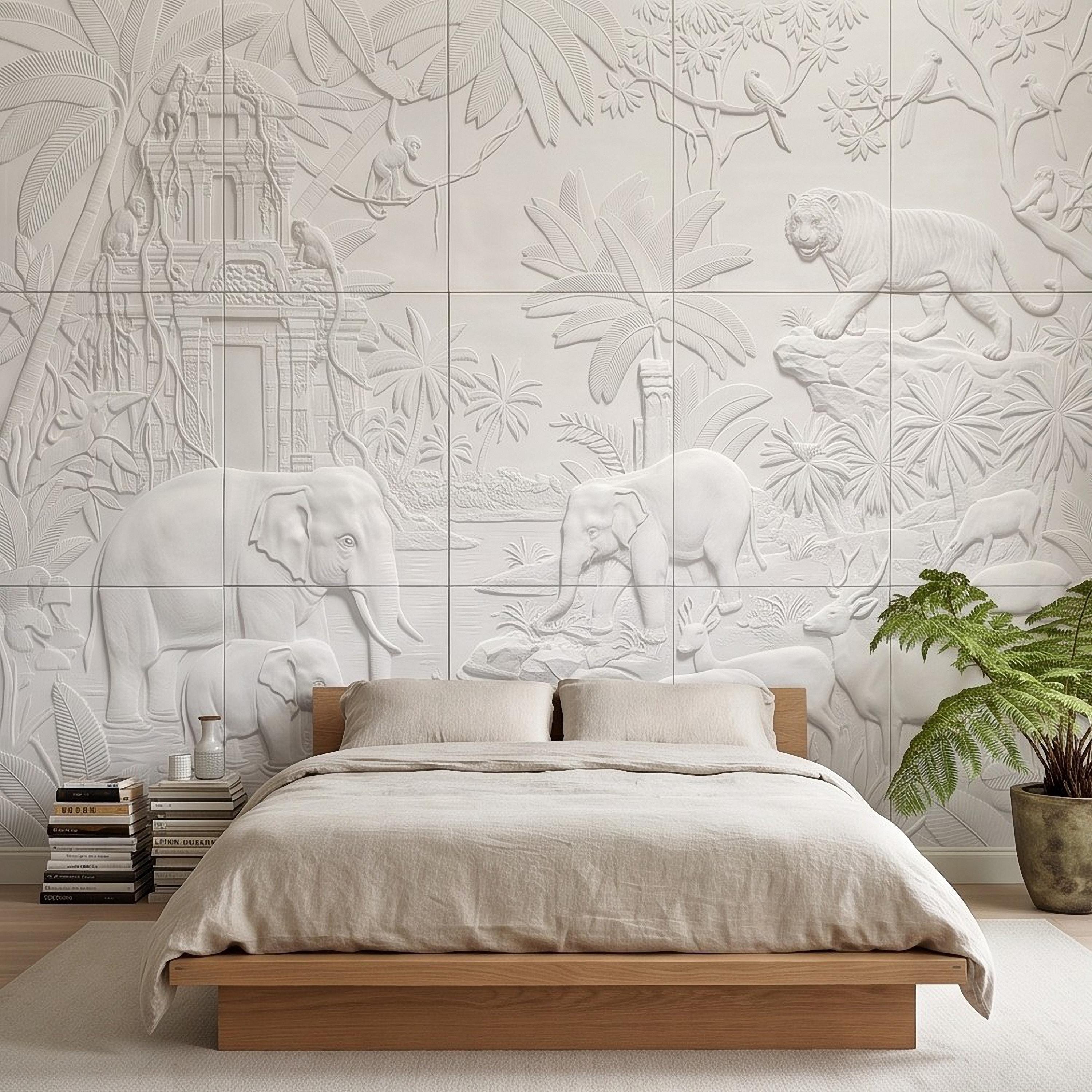 Safari Relief Peel and Stick Wall Mural, Sculpted Elephant Tiger Jungle Temple Ecru Embossed Plaster Look Wallpaper