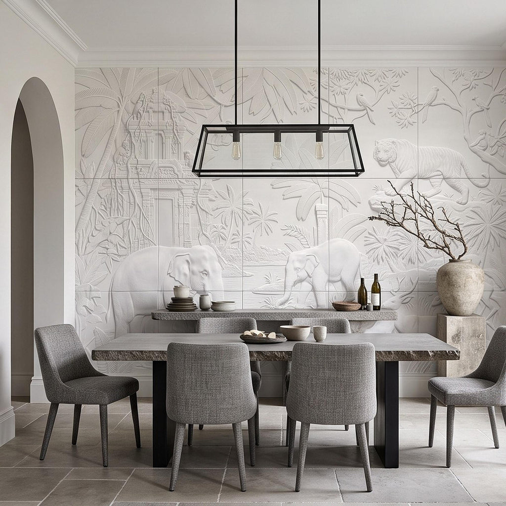 Safari Relief Peel and Stick Wall Mural, Sculpted Elephant Tiger Jungle Temple Ecru Embossed Plaster Look Wallpaper