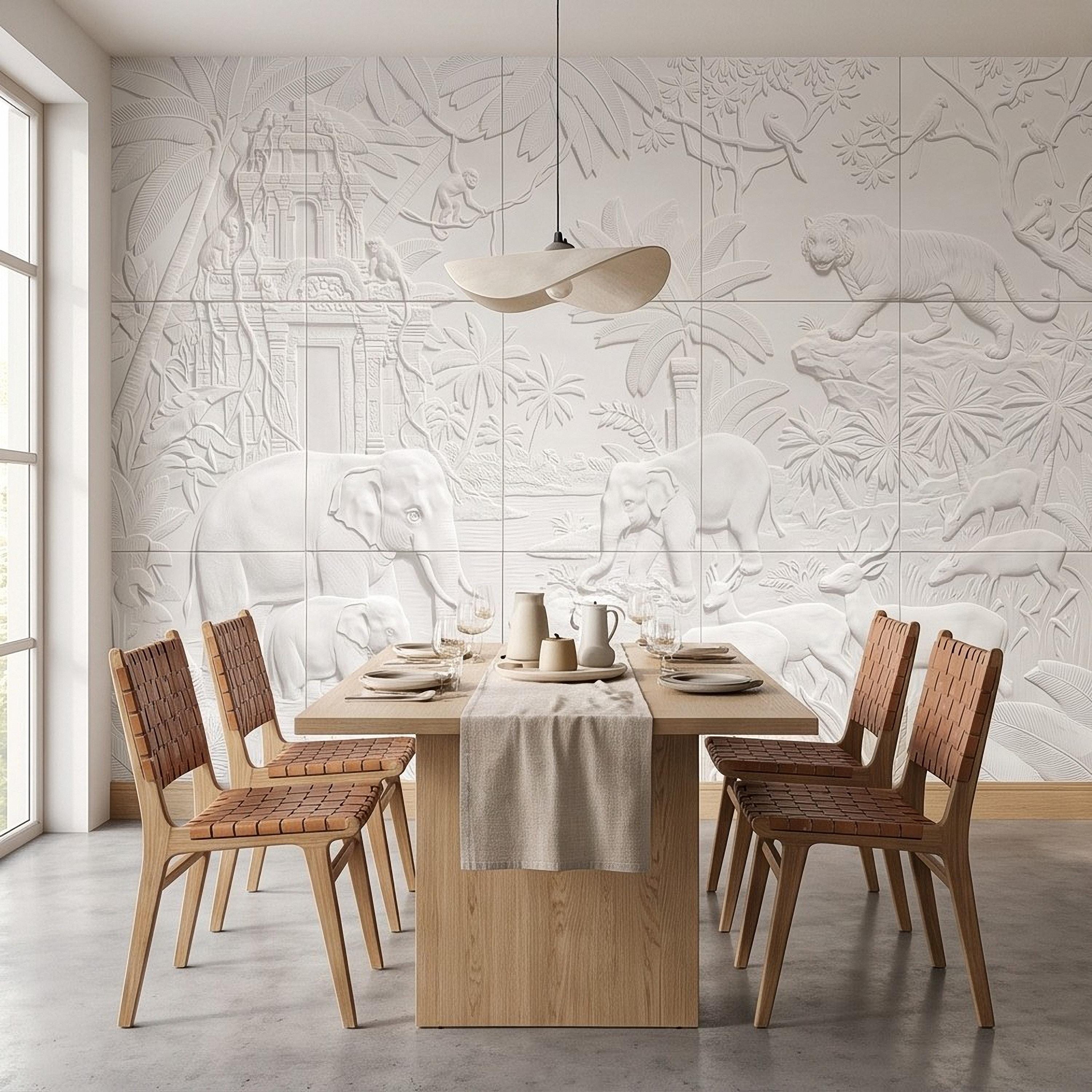 Safari Relief Peel and Stick Wall Mural, Sculpted Elephant Tiger Jungle Temple Ecru Embossed Plaster Look Wallpaper